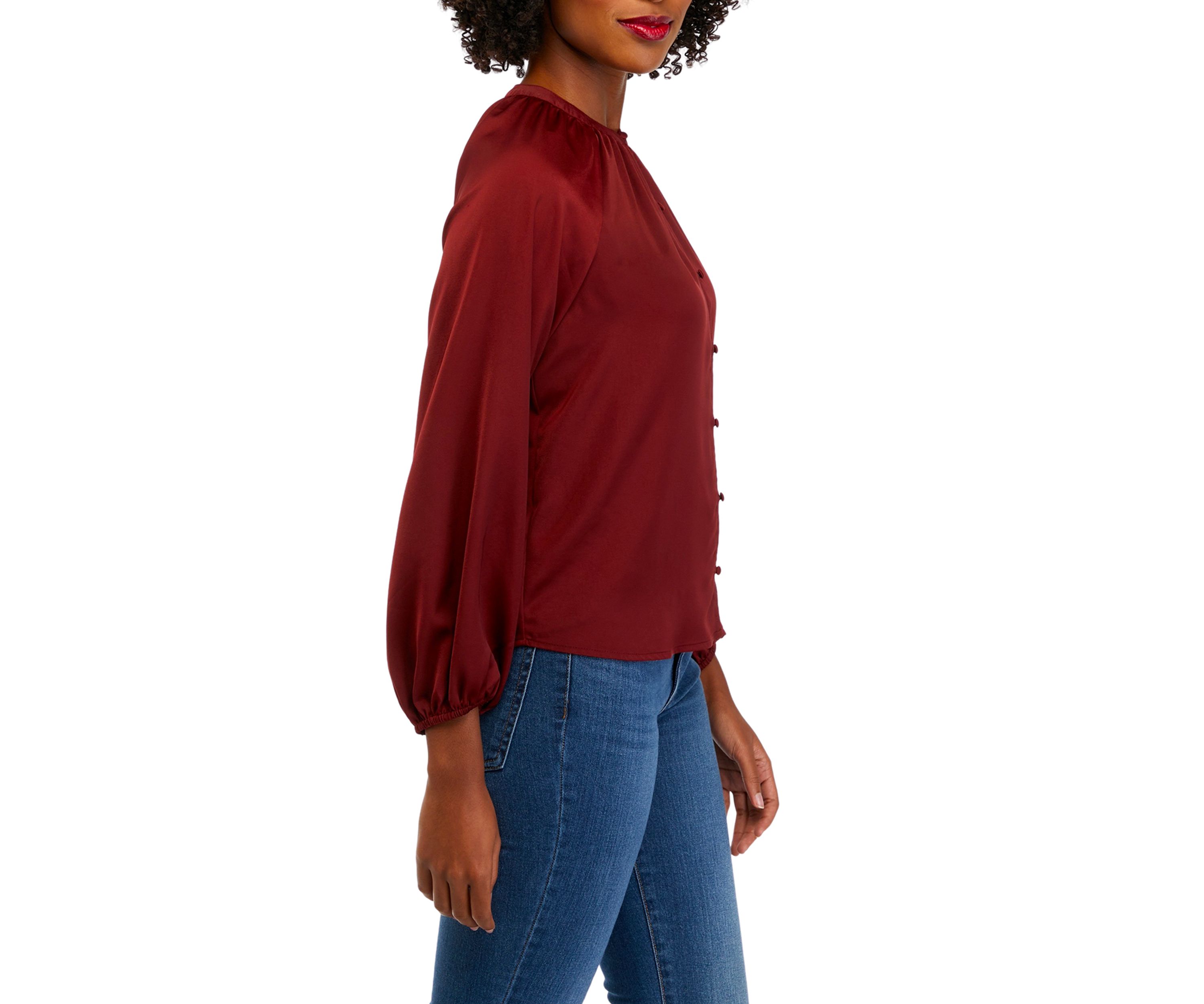 Petite Long Sleeve Satin Peasant Top