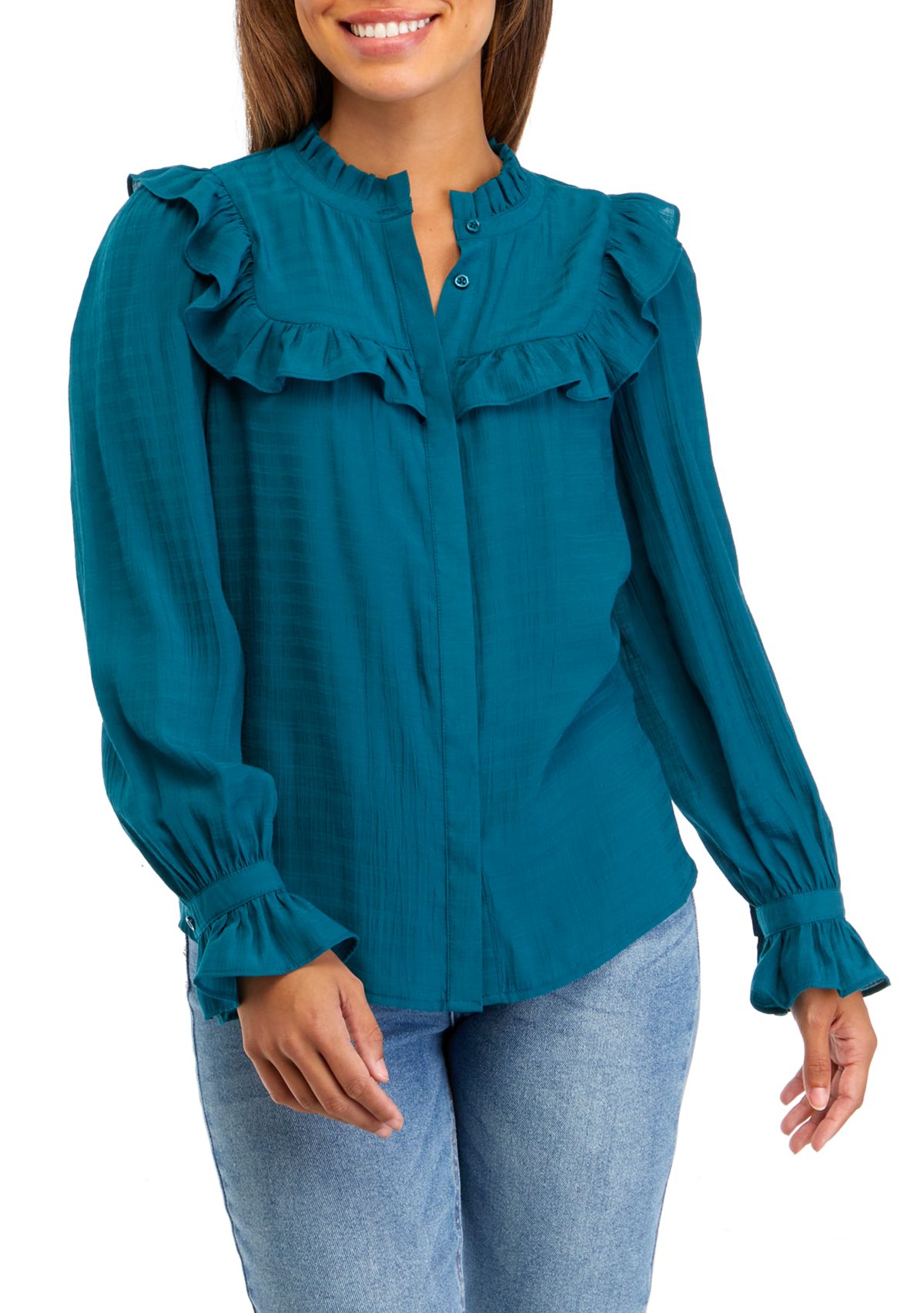Petite Blouson Sleeve Ruffle Blouse