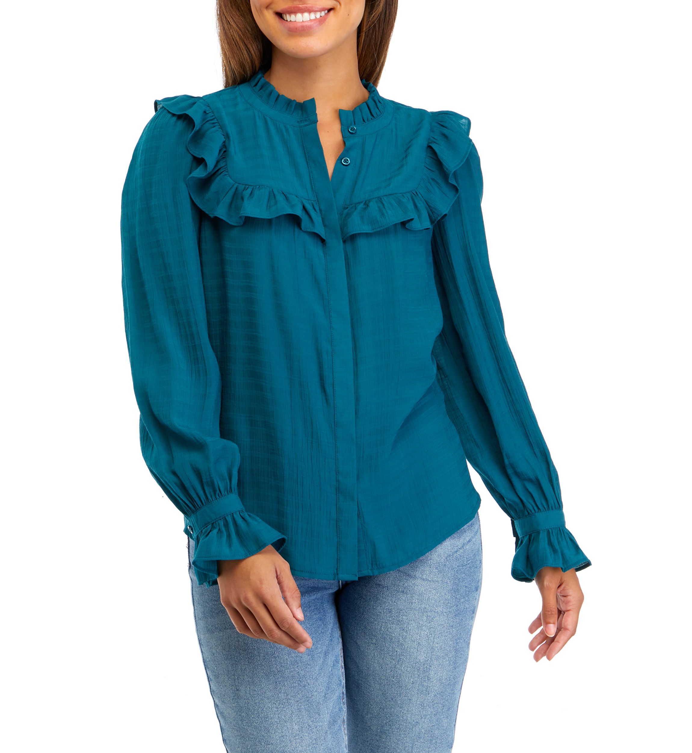 Petite Blouson Sleeve Ruffle Blouse
