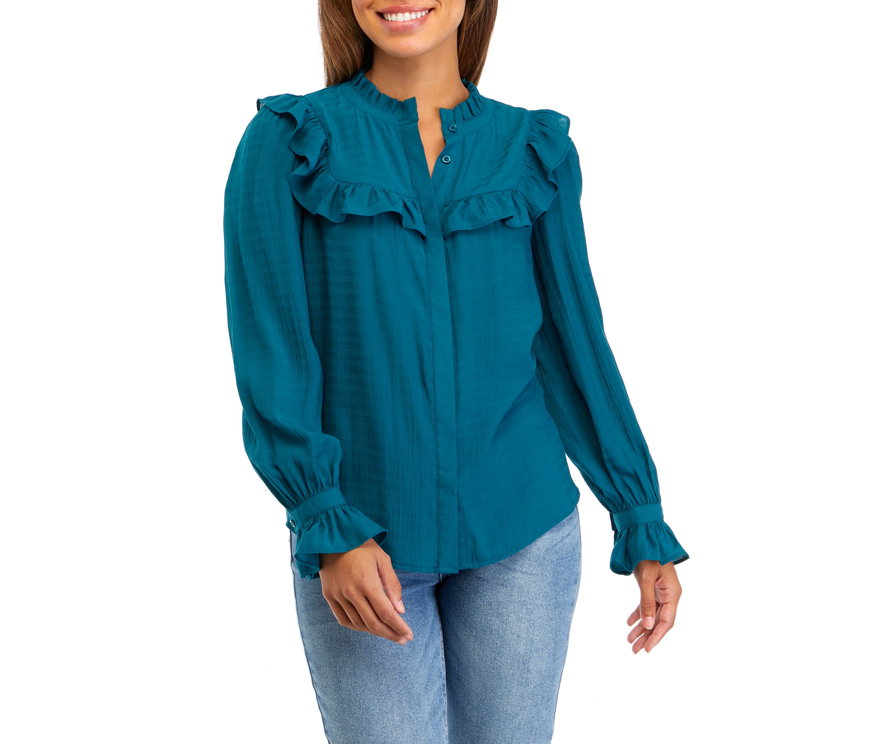 Petite Blouson Sleeve Ruffle Blouse