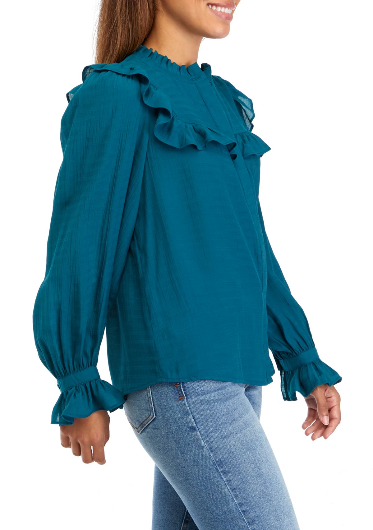 Petite Blouson Sleeve Ruffle Blouse