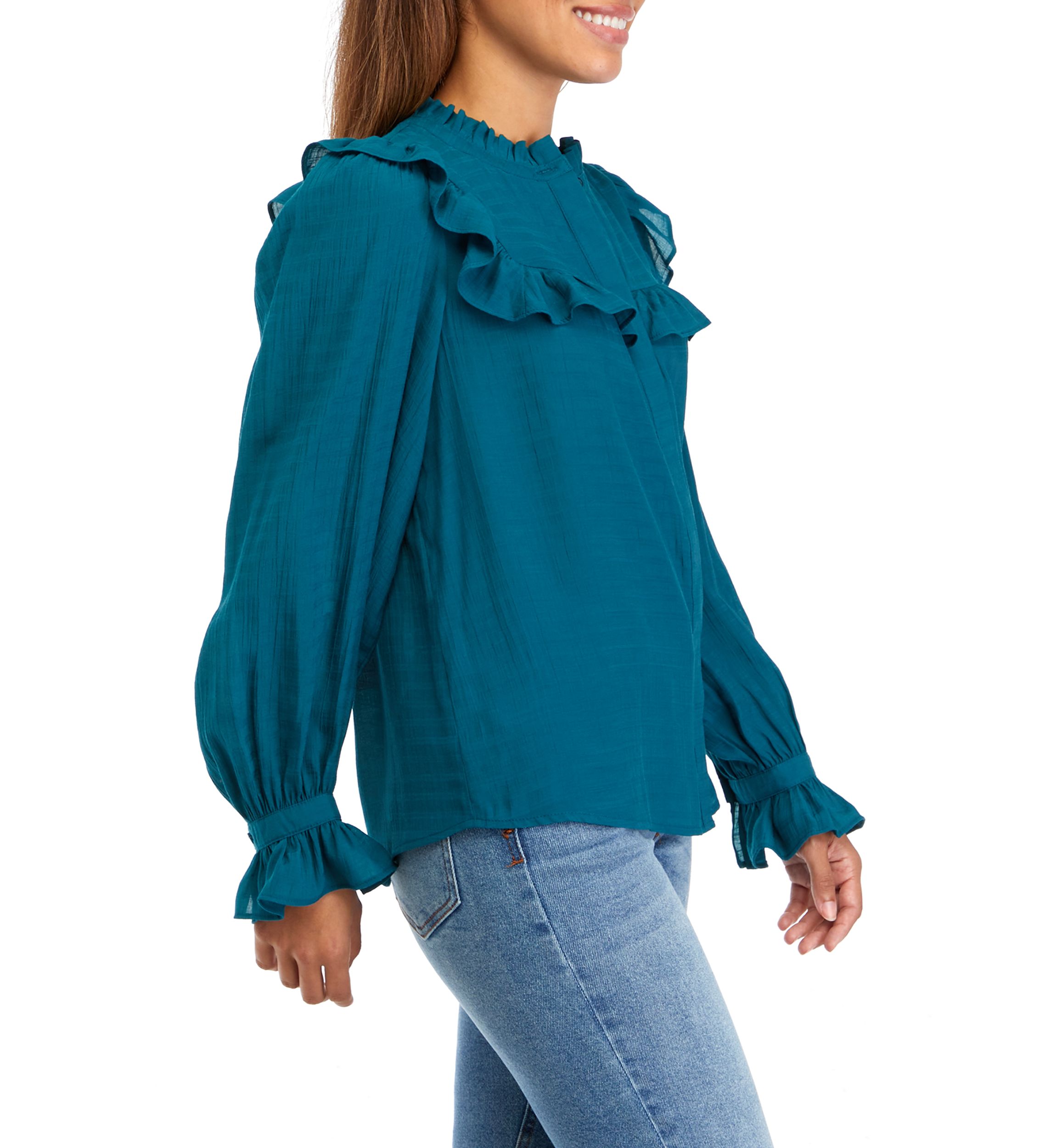 Petite Blouson Sleeve Ruffle Blouse