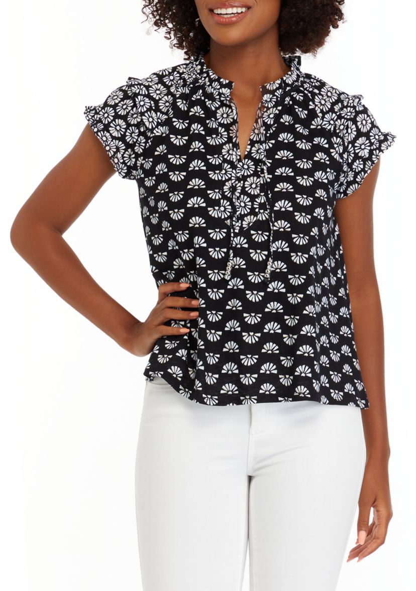 Petite Printed Peasant Top