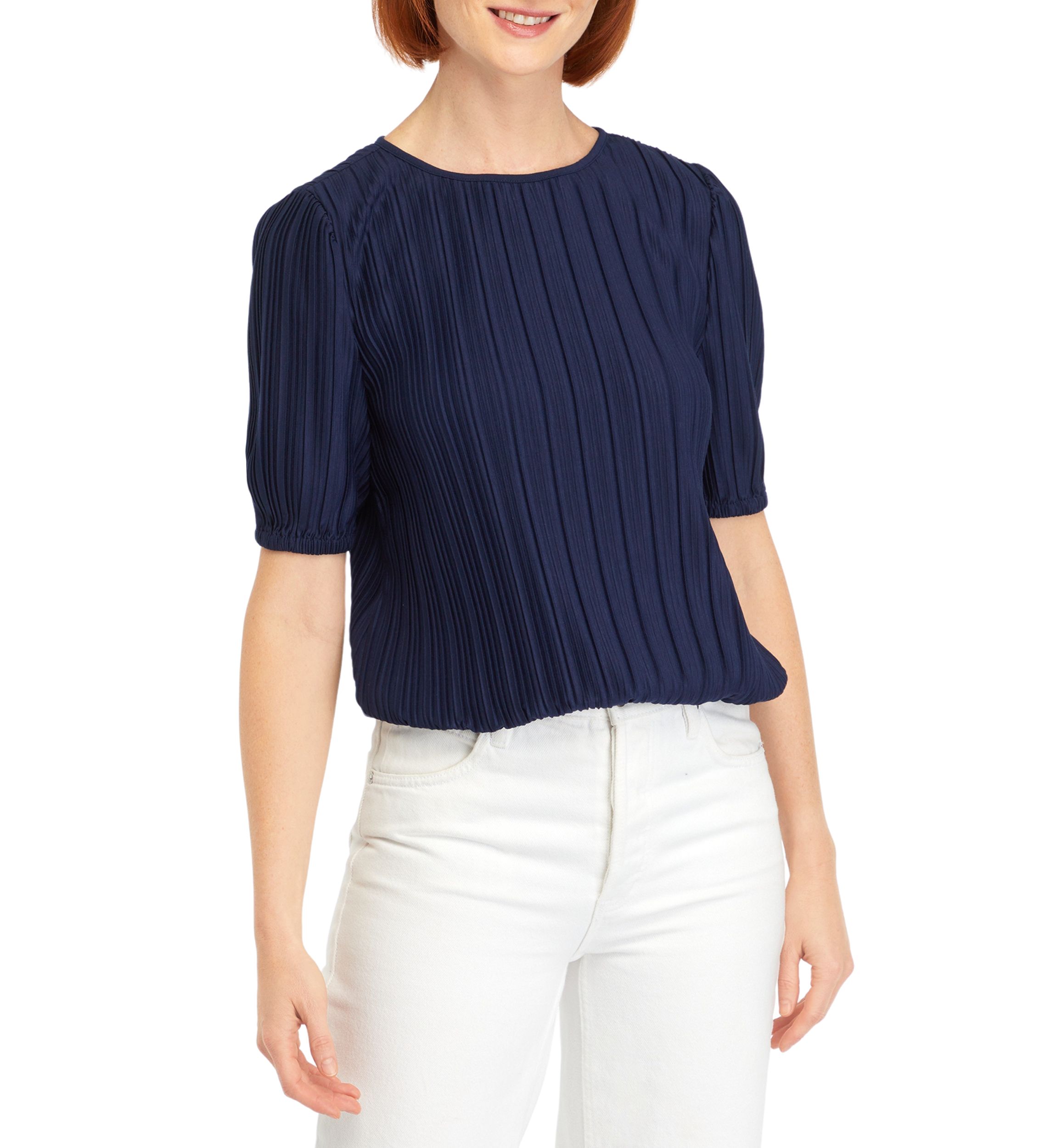 Petite Elbow Sleeve Plisse Bubble Top 