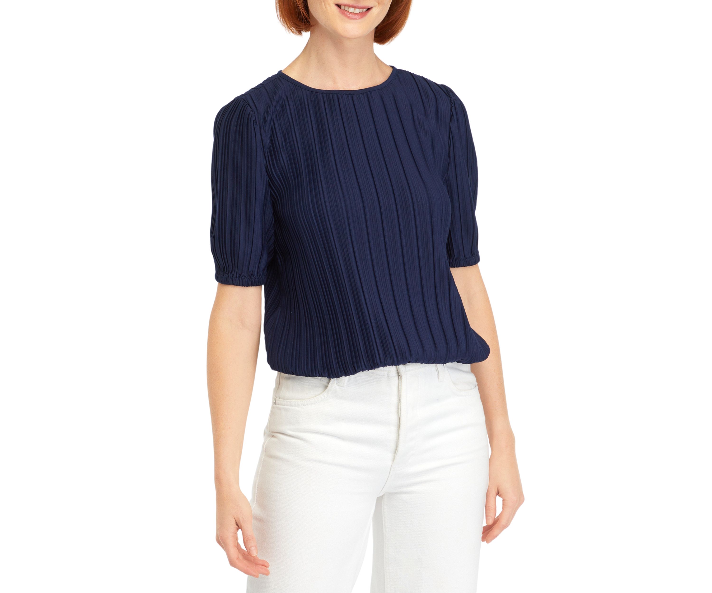 Petite Elbow Sleeve Plisse Bubble Top 