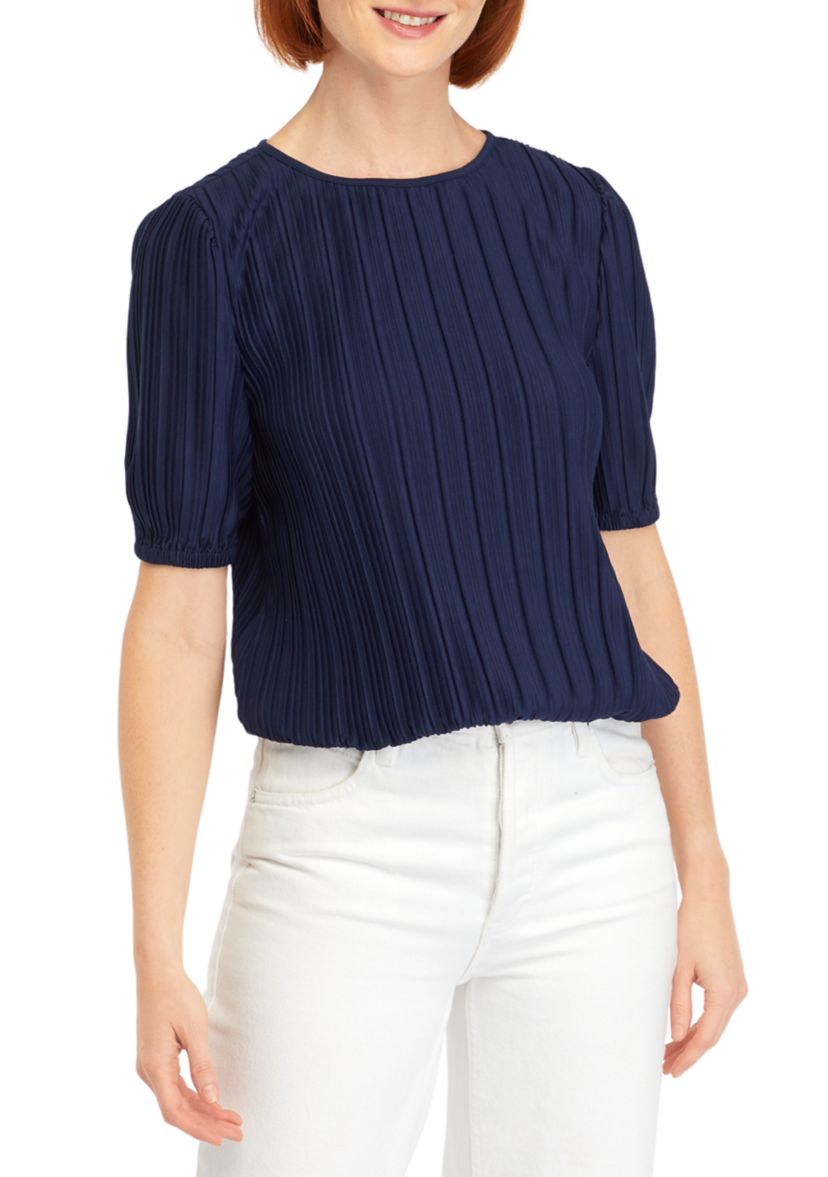 Petite Elbow Sleeve Plisse Bubble Top 