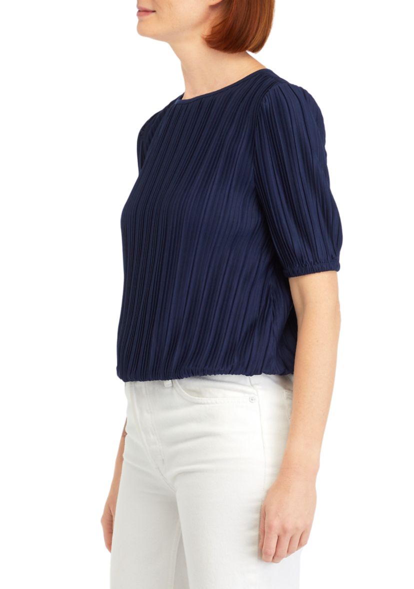 Petite Elbow Sleeve Plisse Bubble Top 