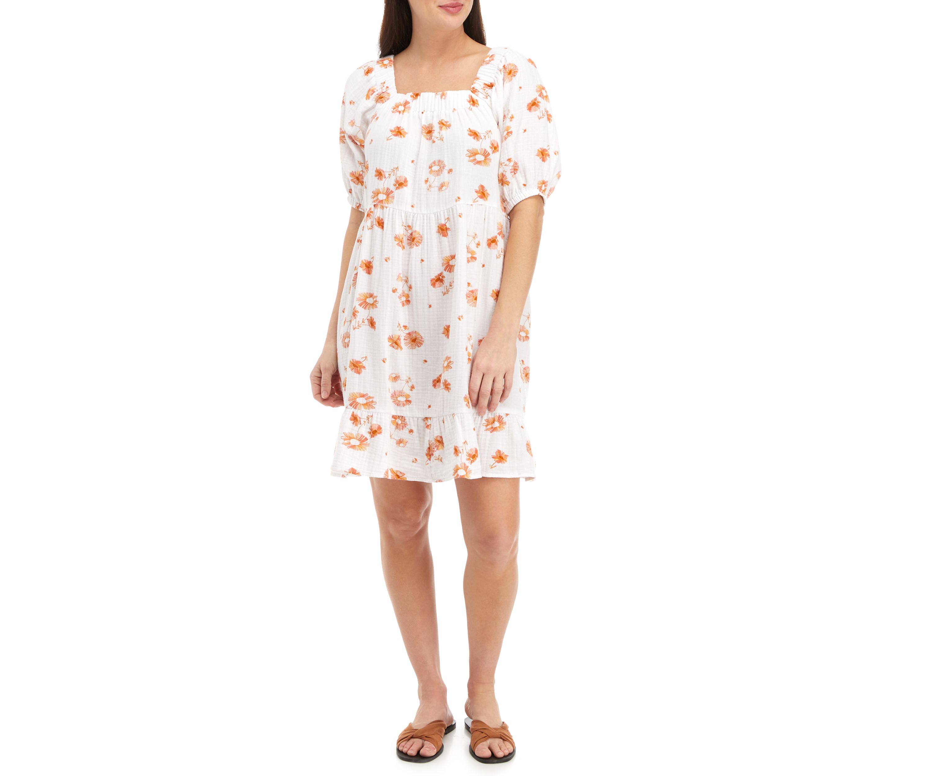 Petite Short Sleeve Square Neck Tiered Dress