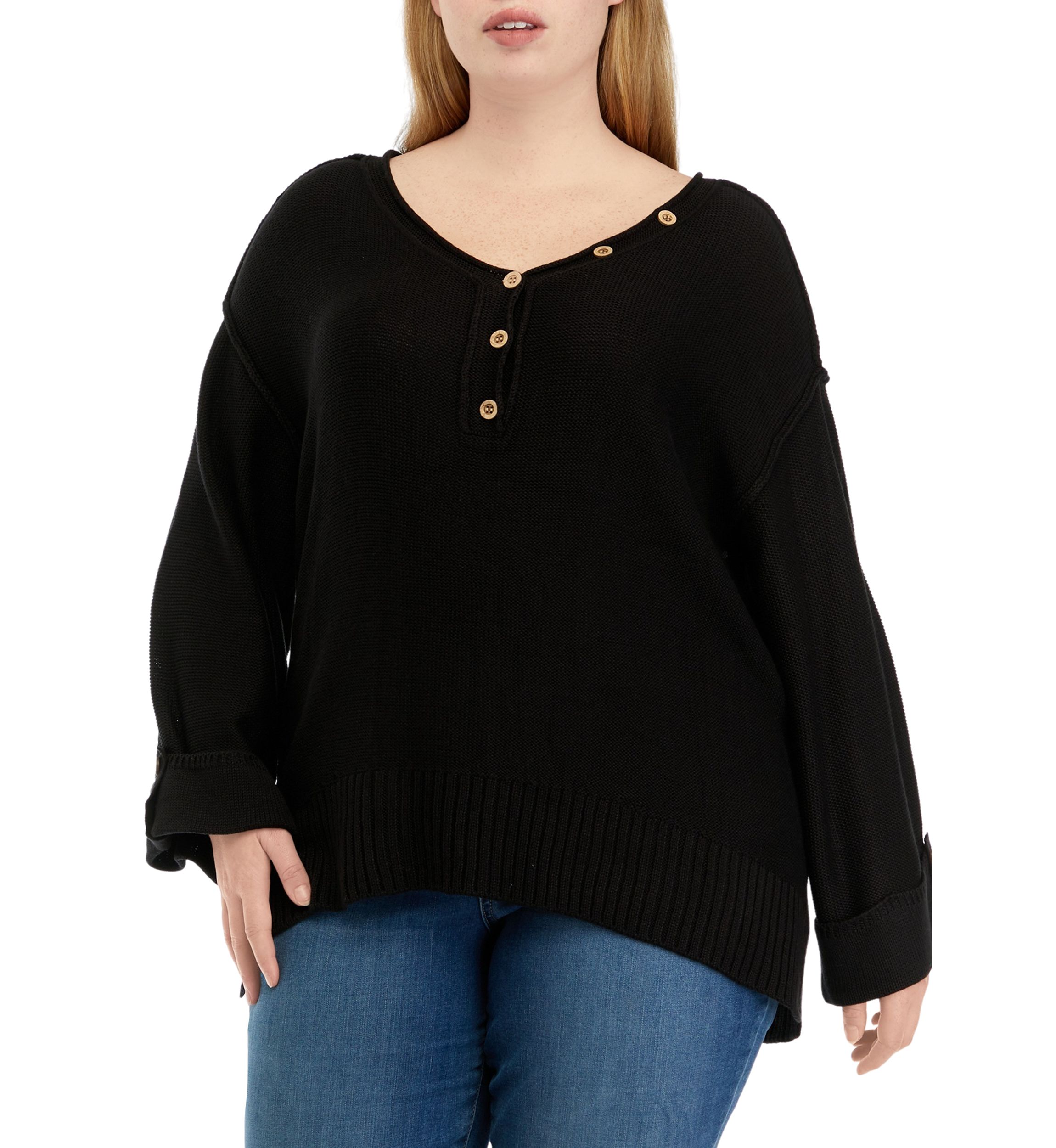 Plus Size Long Drop Shoulder Sleeve Henley Shirt 