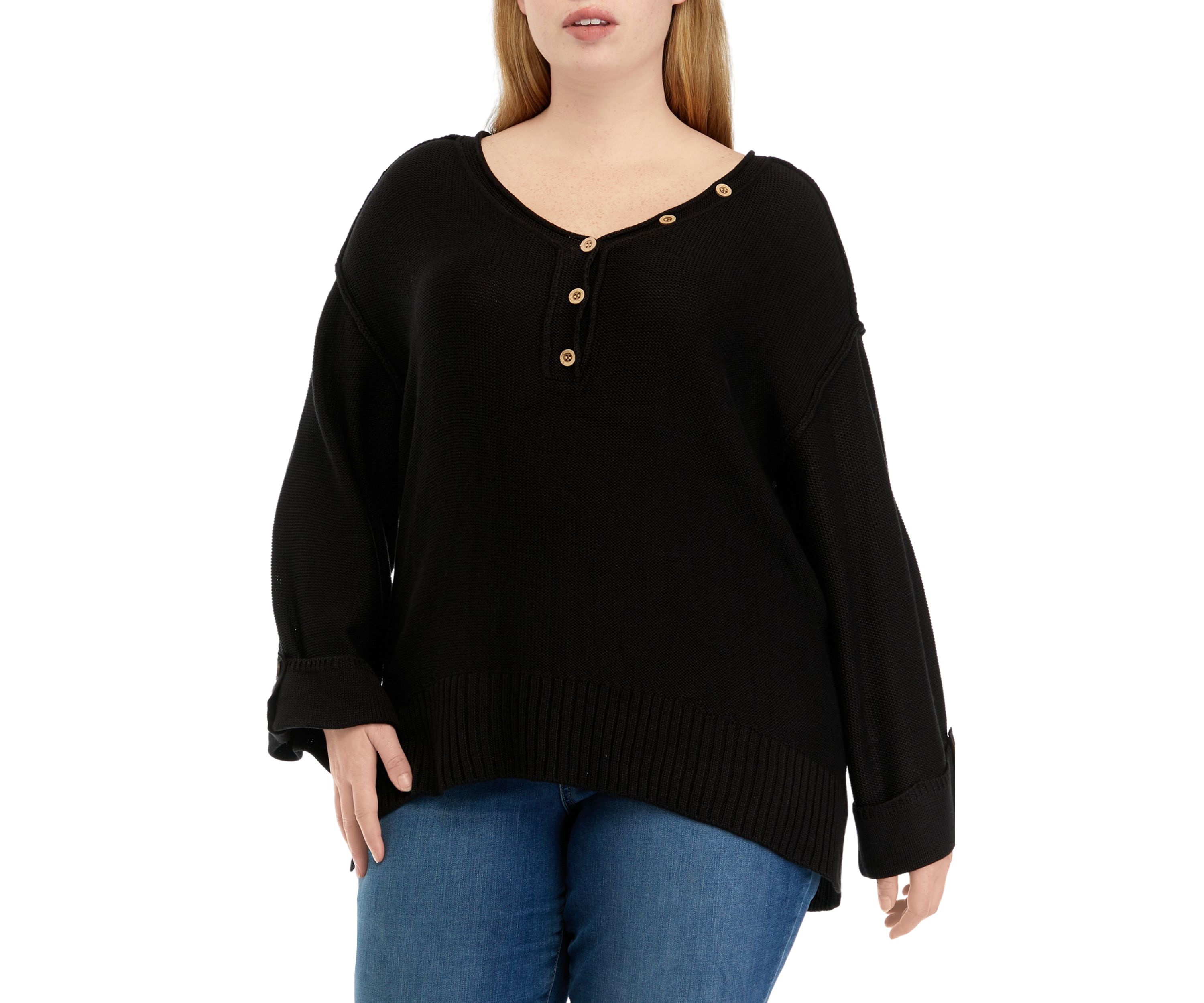 Plus Size Long Drop Shoulder Sleeve Henley Shirt 