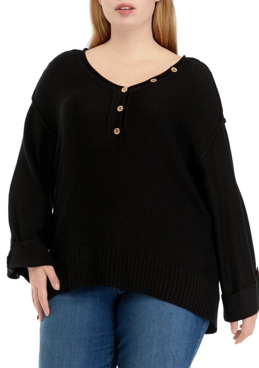 Plus Size Long Drop Shoulder Sleeve Henley Shirt 
