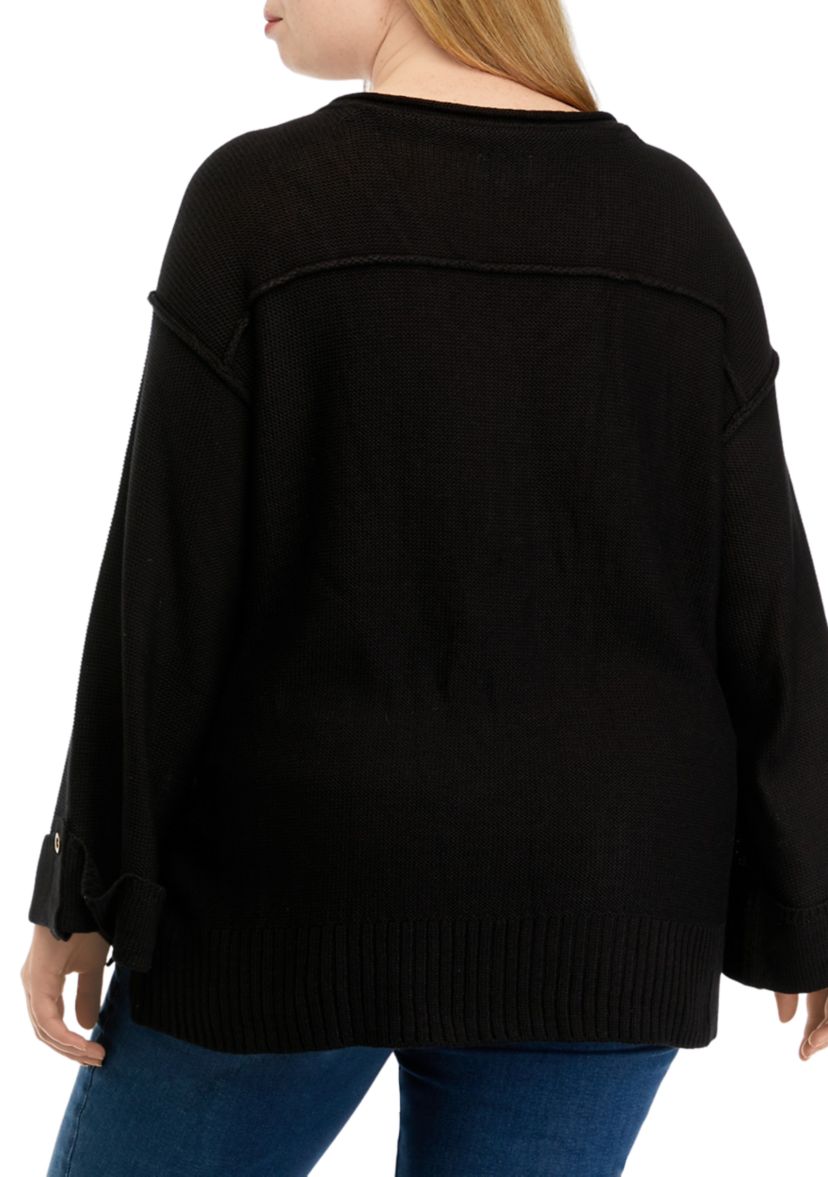 Plus Size Long Drop Shoulder Sleeve Henley Shirt 