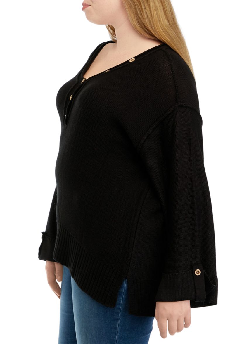 Plus Size Long Drop Shoulder Sleeve Henley Shirt 