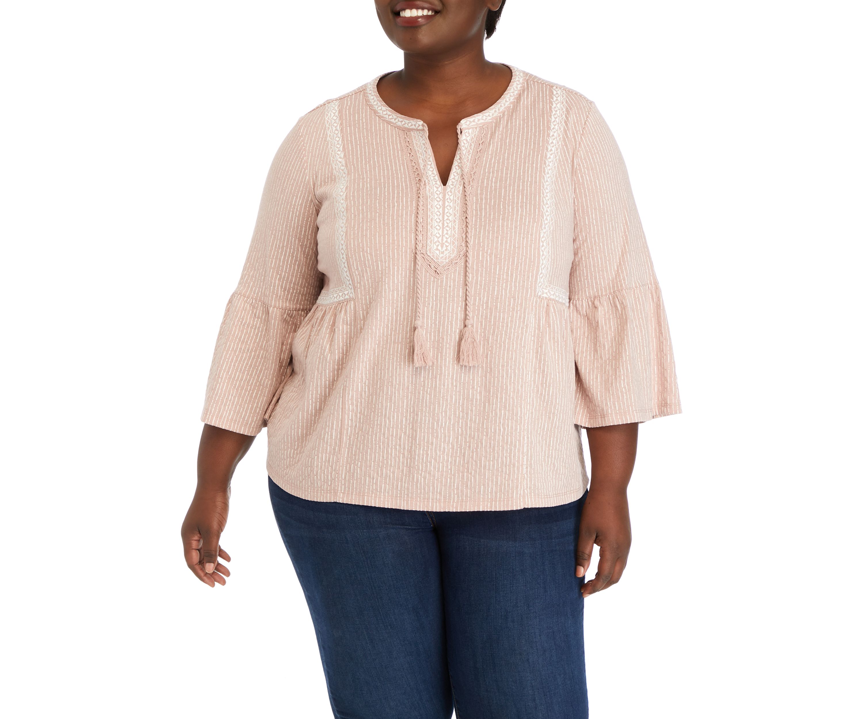 Plus Size 3/4 Sleeve Embroidered Knit Peasant Top