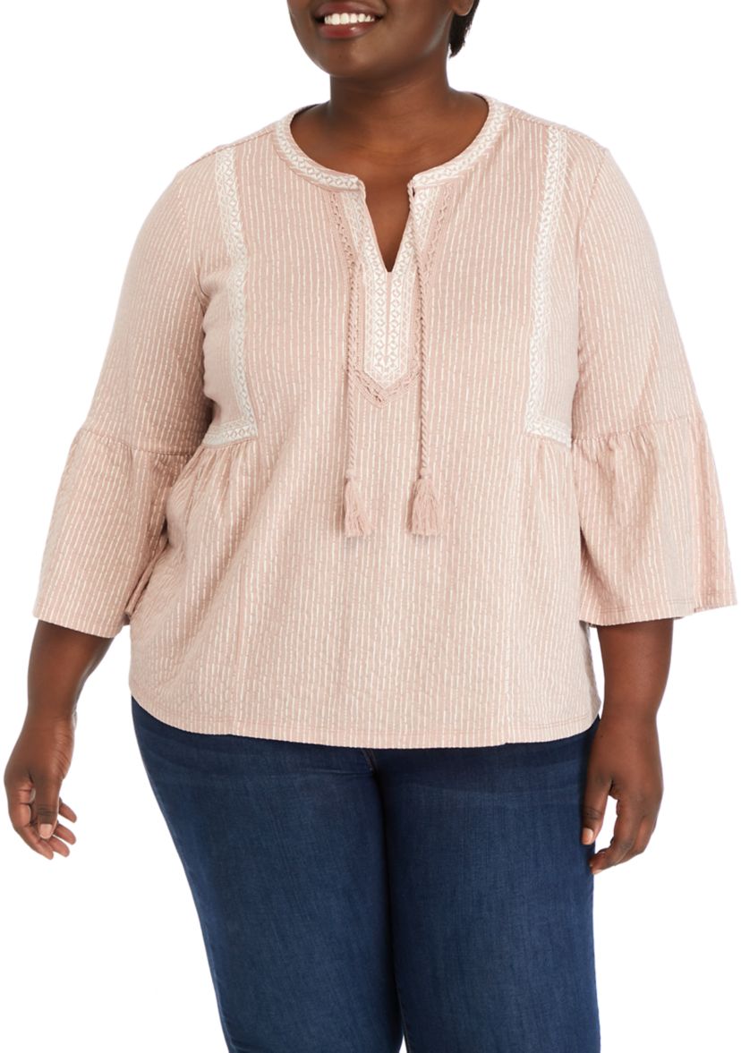 Plus Size 3/4 Sleeve Embroidered Knit Peasant Top