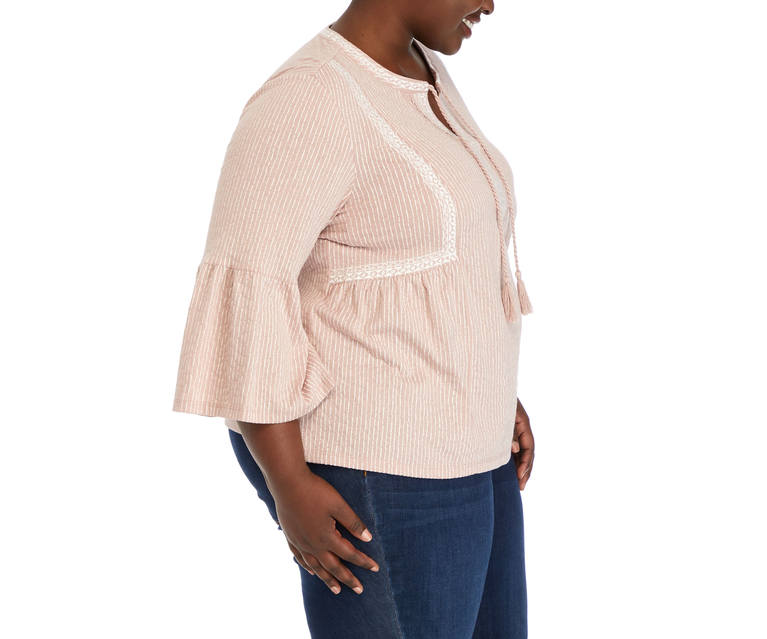 Plus Size 3/4 Sleeve Embroidered Knit Peasant Top