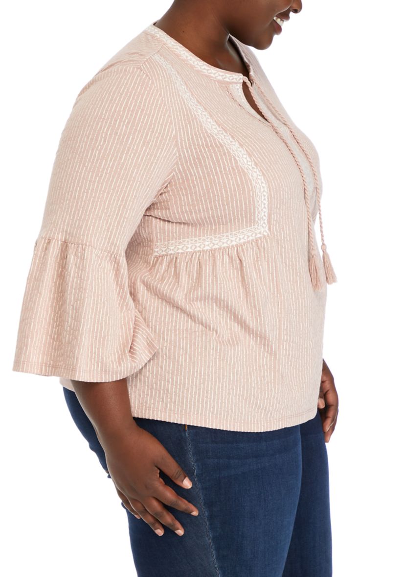 Plus Size 3/4 Sleeve Embroidered Knit Peasant Top