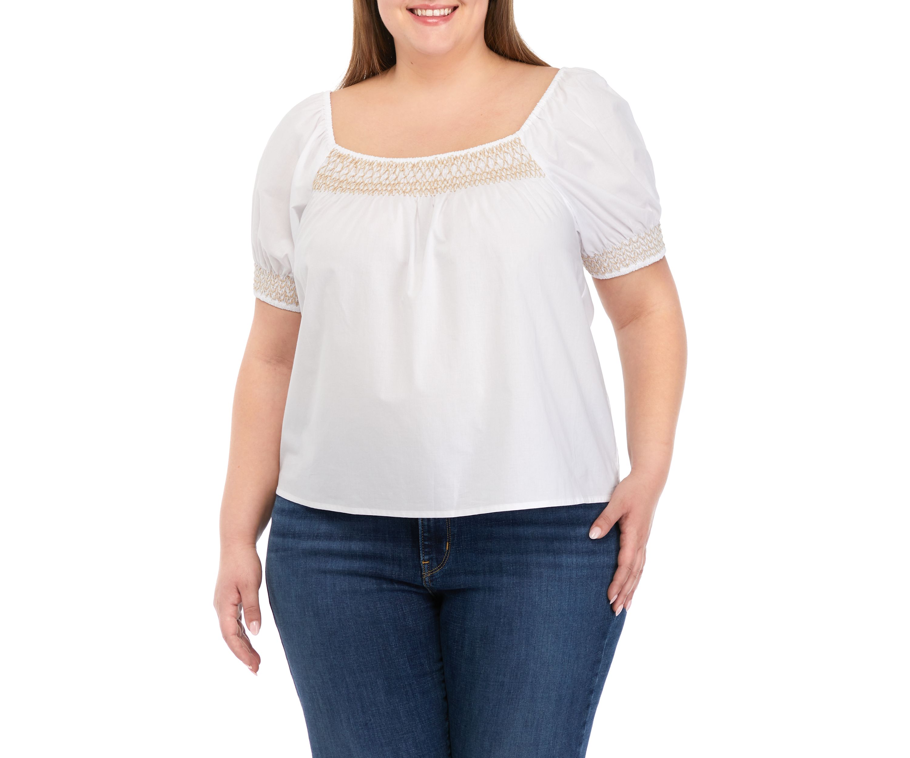 Plus Size Short Sleeve Voile Embroidered Peasant Blouse 