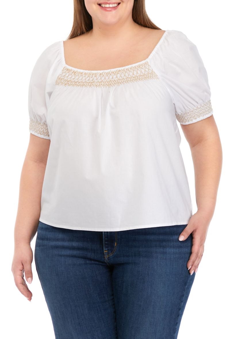 Plus Size Short Sleeve Voile Embroidered Peasant Blouse 