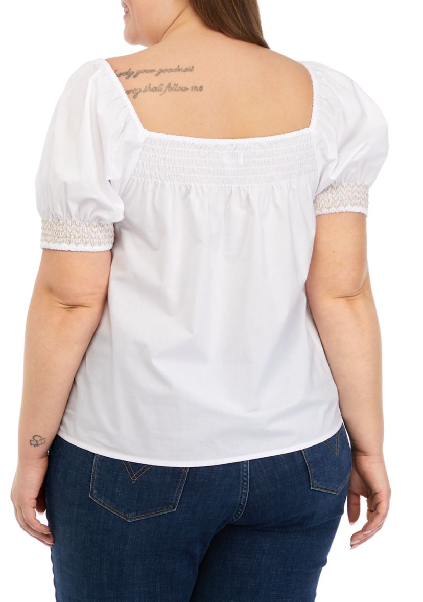 Plus Size Short Sleeve Voile Embroidered Peasant Blouse 