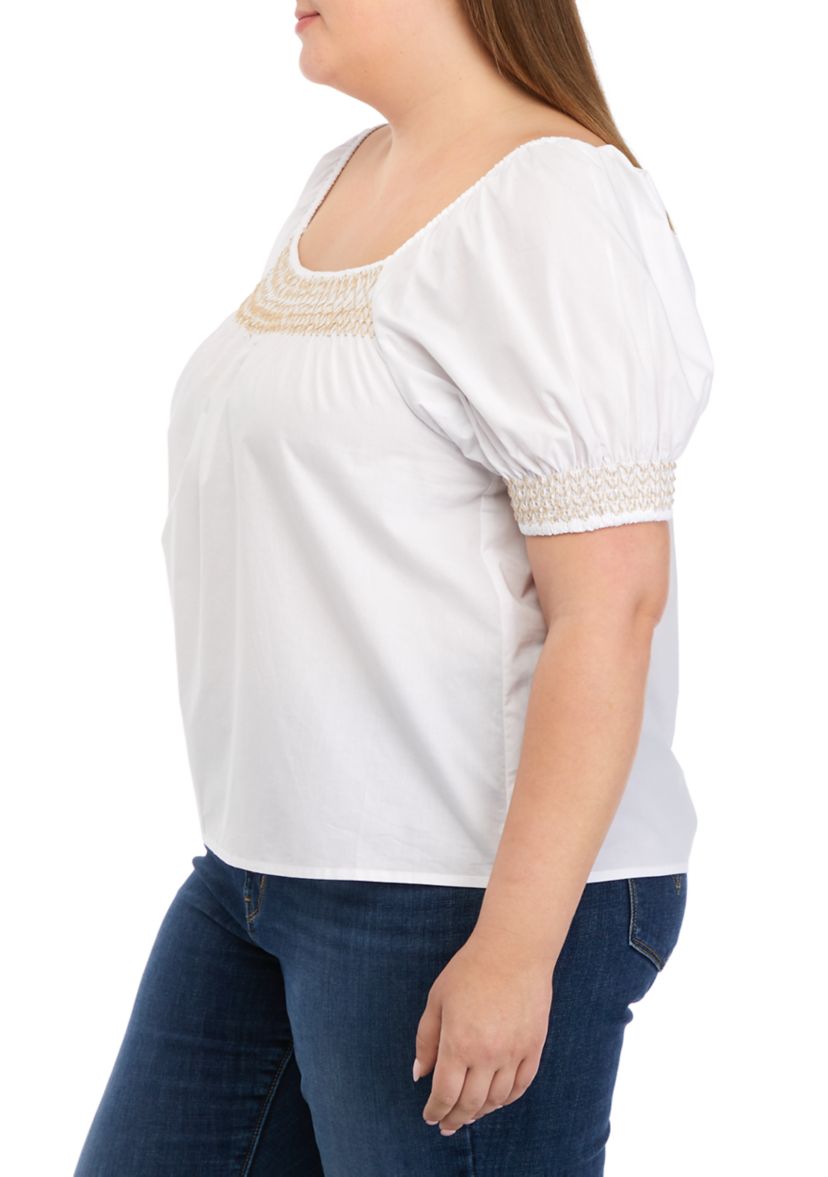Plus Size Short Sleeve Voile Embroidered Peasant Blouse 
