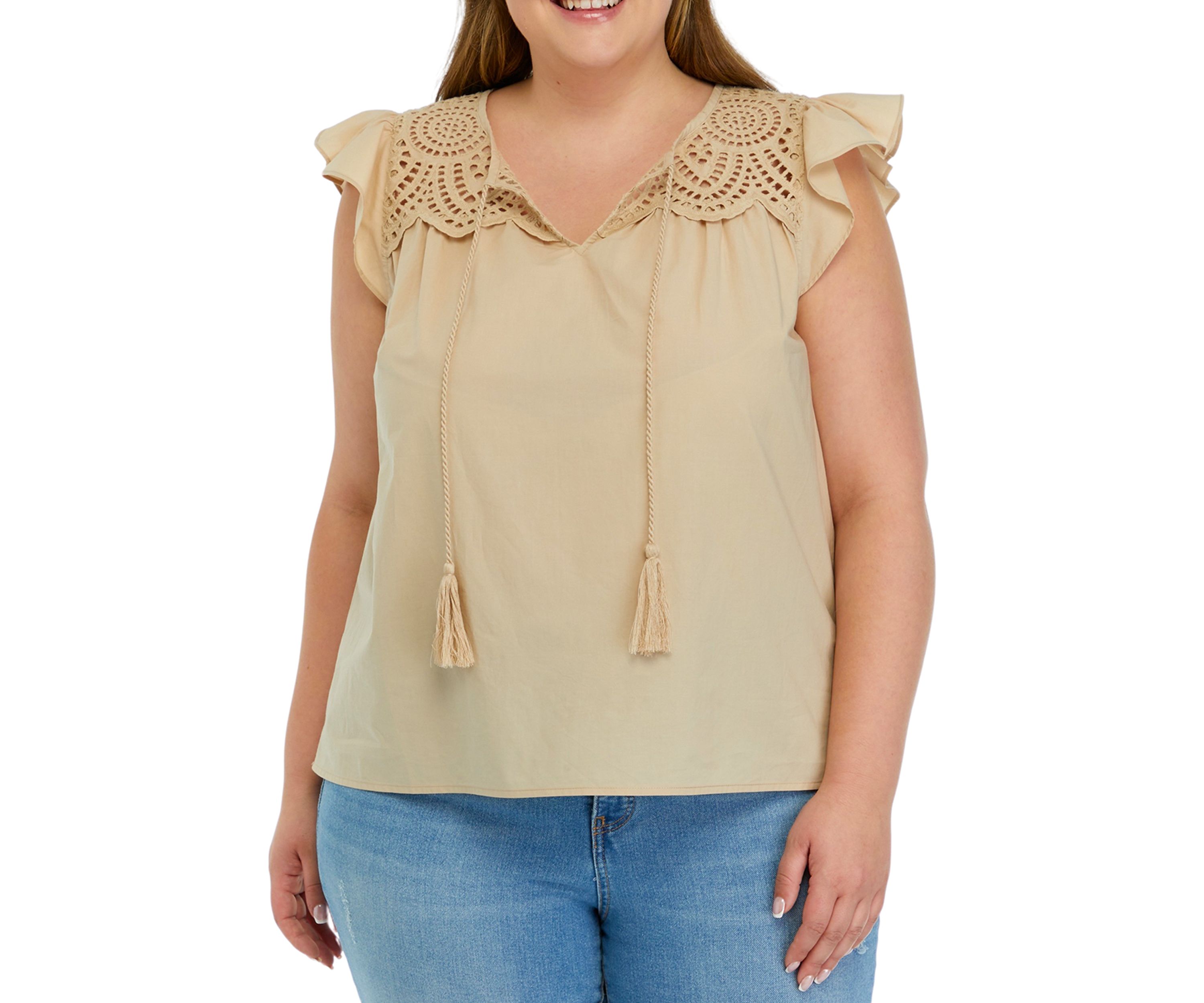 Plus Size Tassel Neck Top