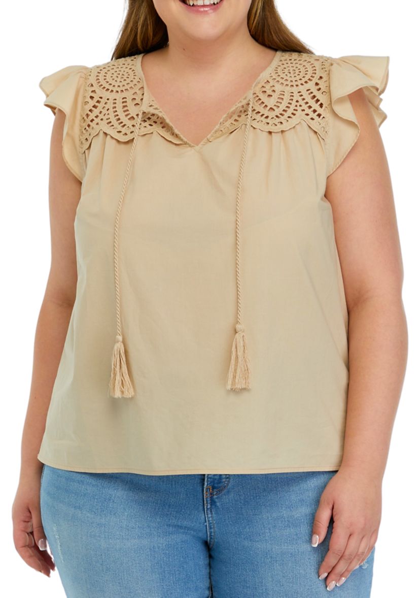 Plus Size Tassel Neck Top