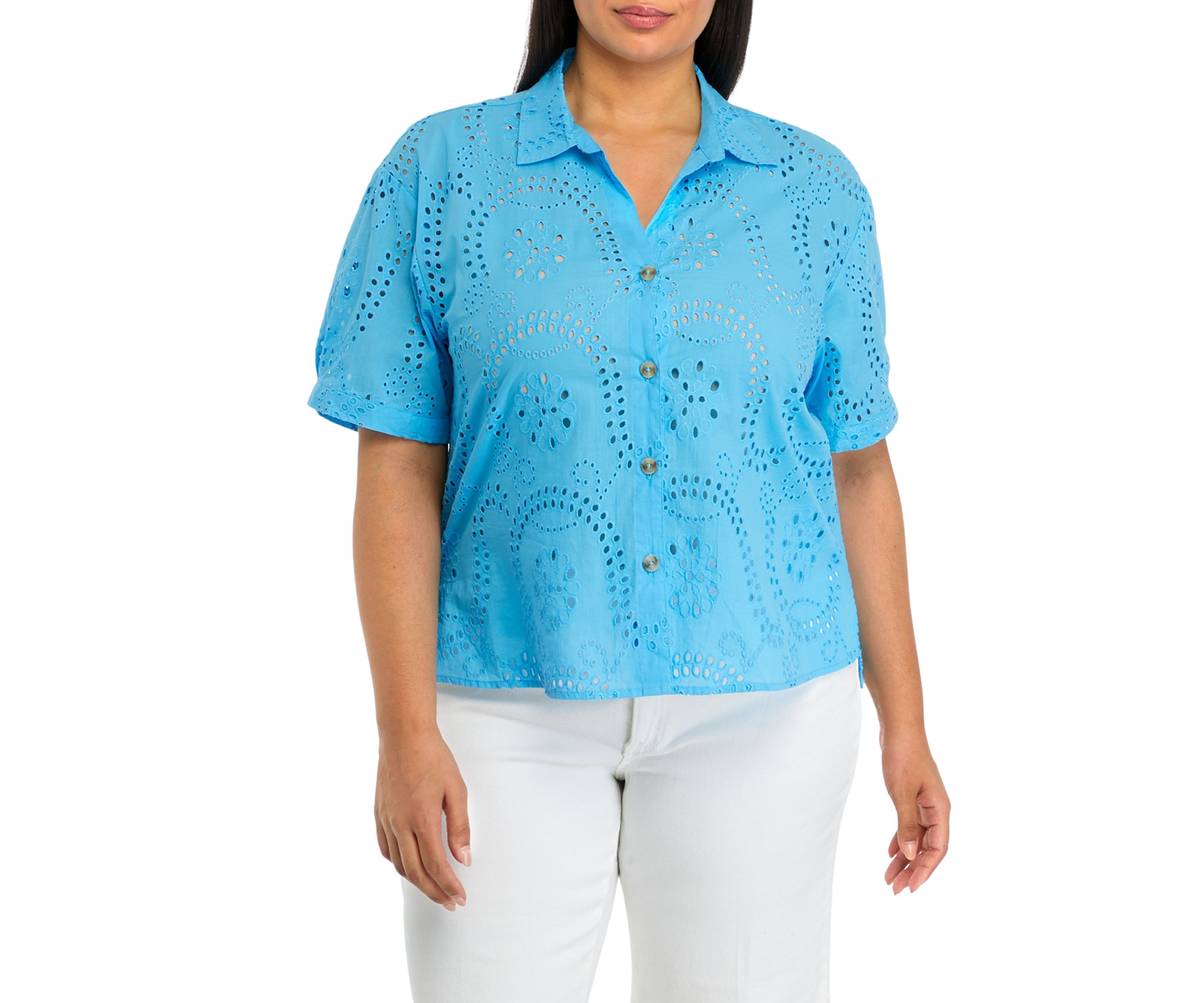 Plus Size Eyelet Button Down Shirt