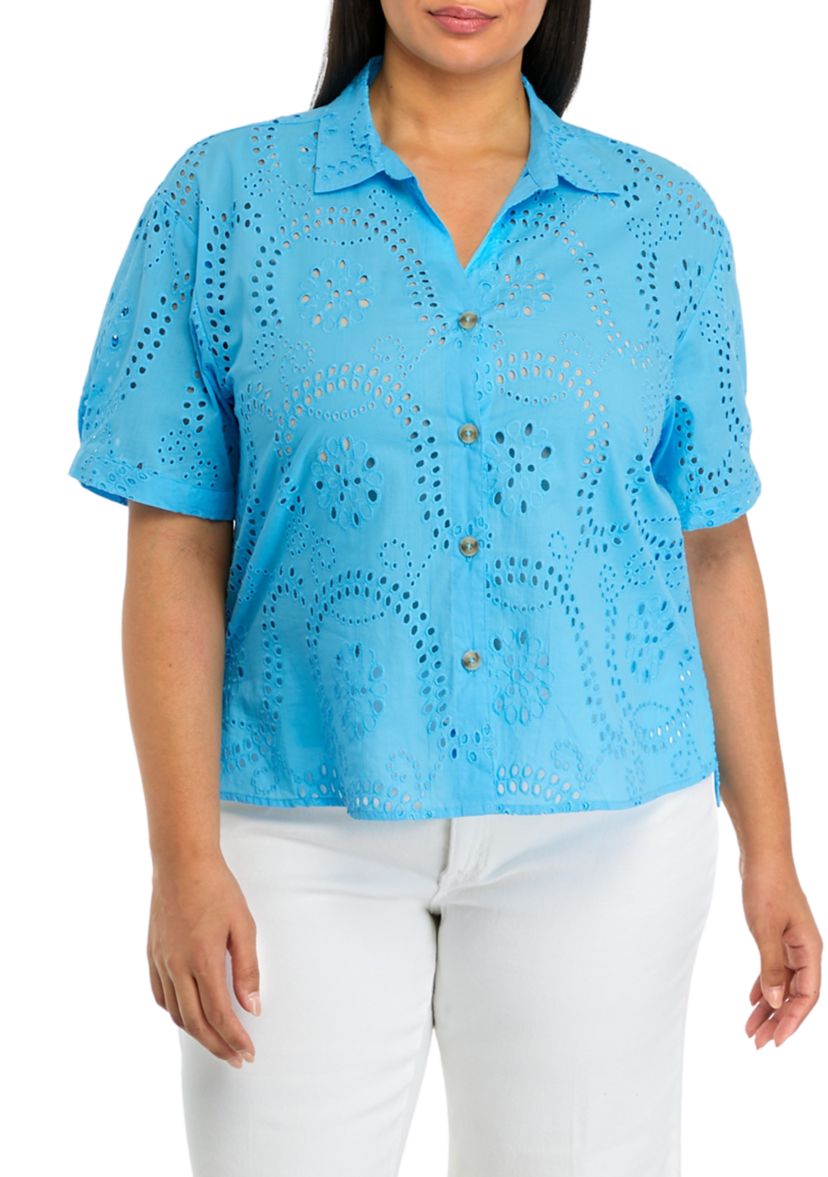 Plus Size Eyelet Button Down Shirt