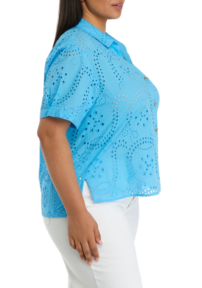 Plus Size Eyelet Button Down Shirt
