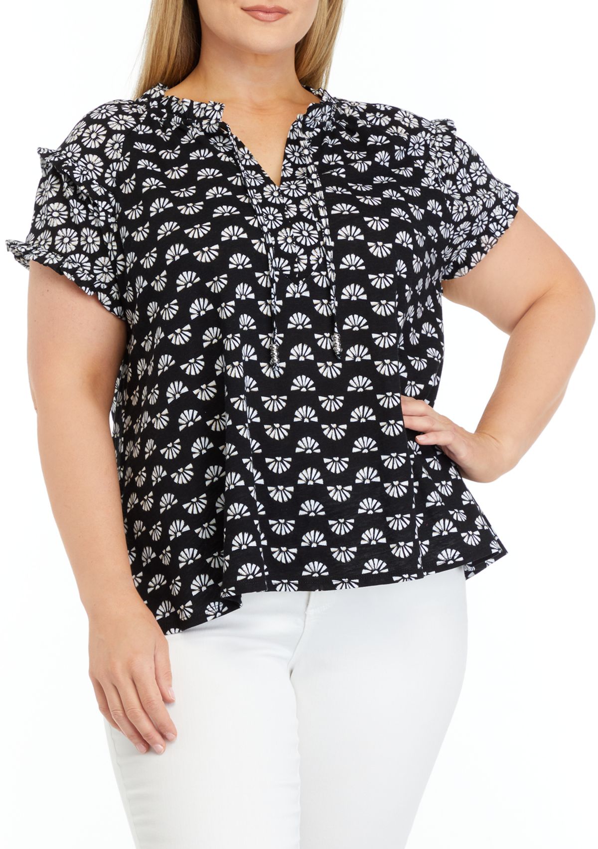 Plus Size Printed Peasant Top