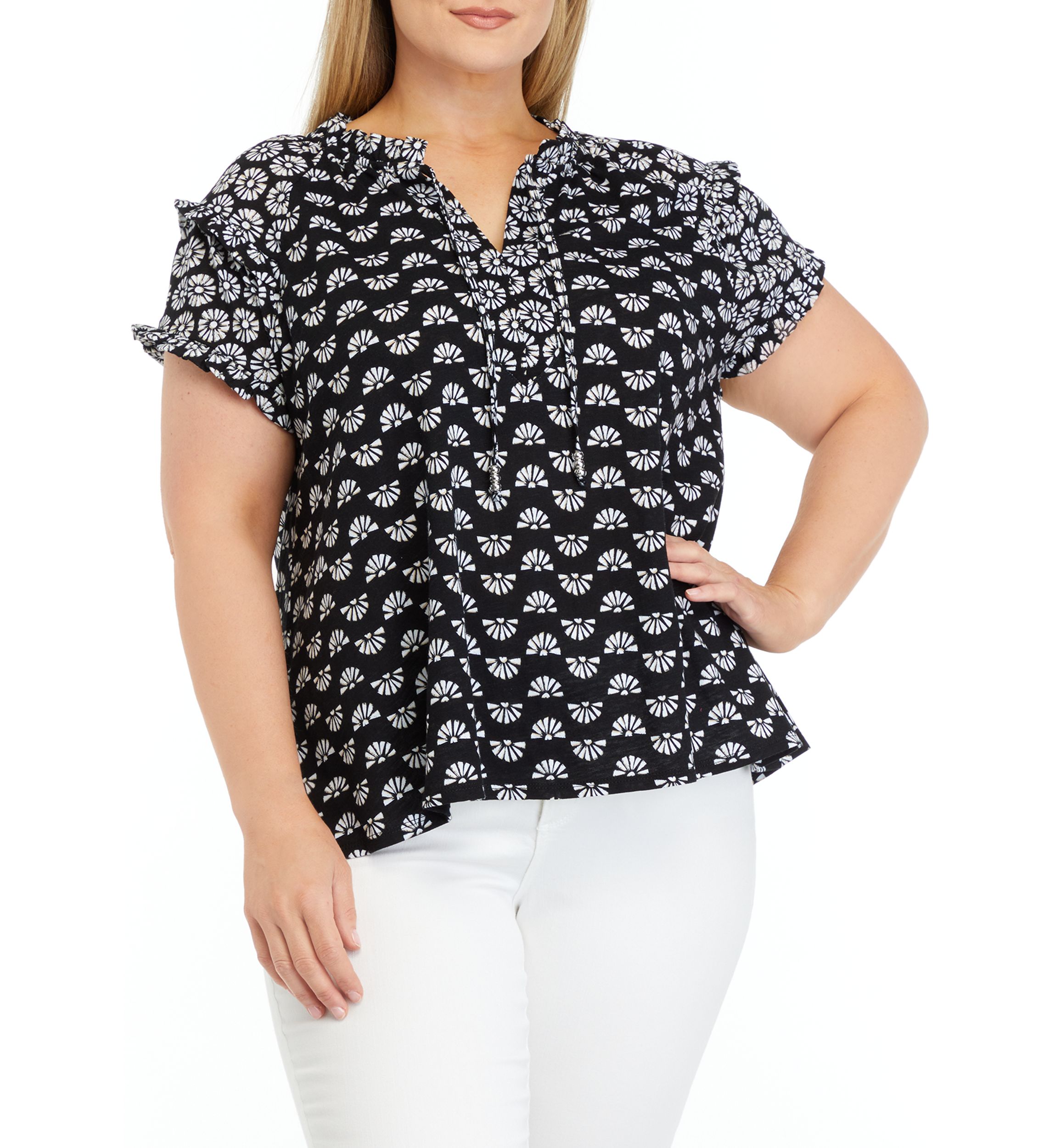 Plus Size Printed Peasant Top