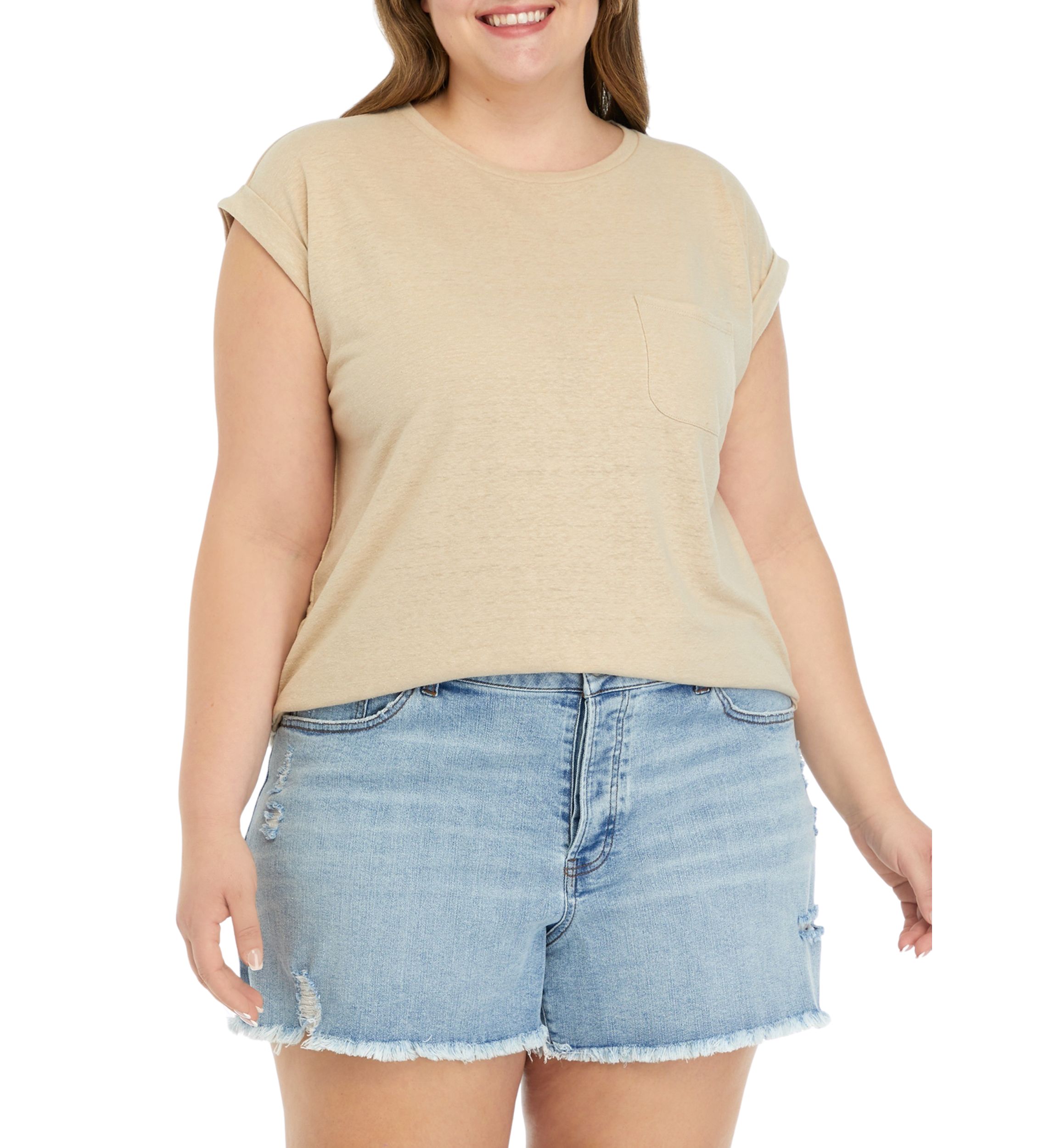 Plus Size Round Neck Short Sleeve Top with Left Chest Pocket