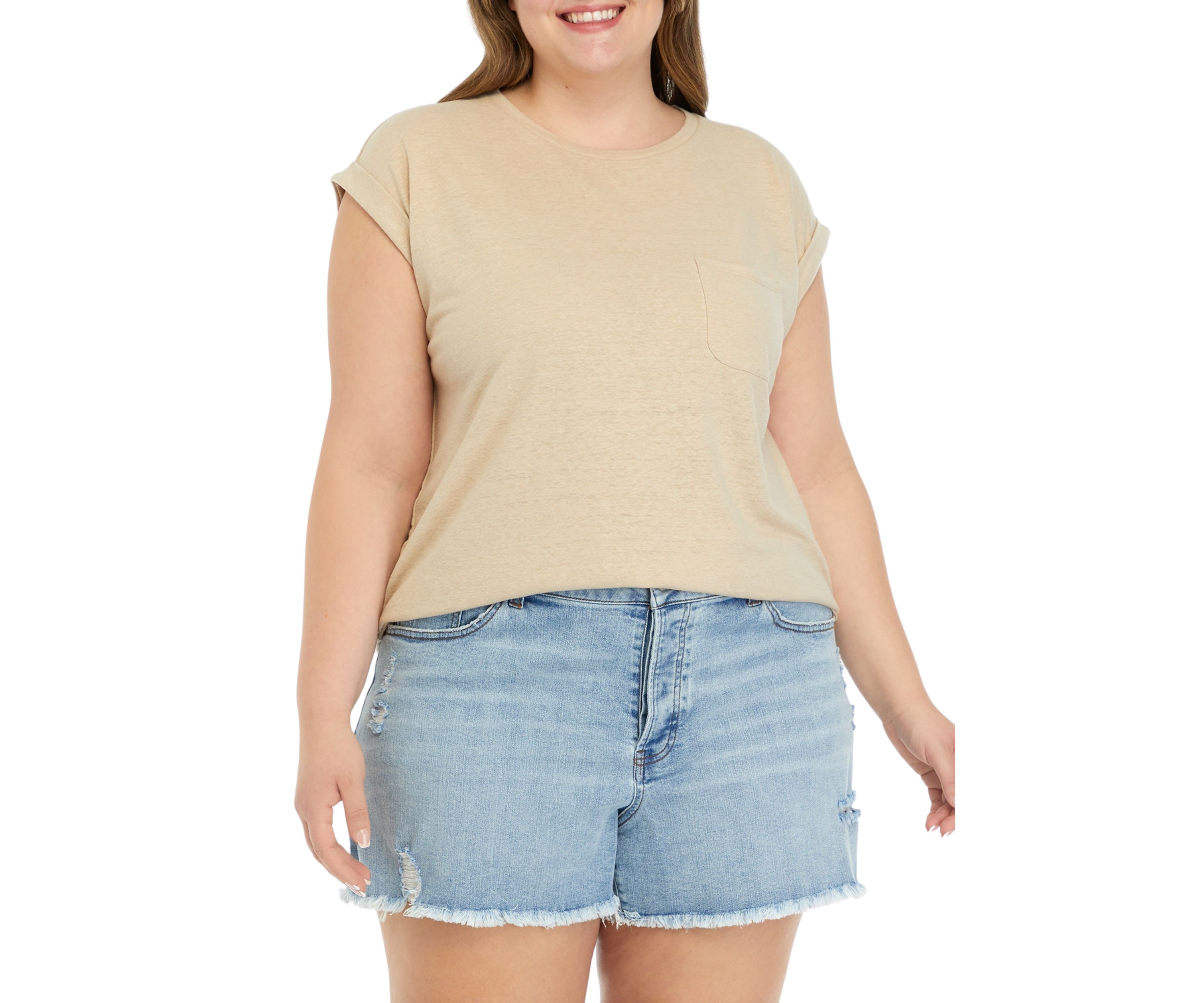 Plus Size Round Neck Short Sleeve Top with Left Chest Pocket