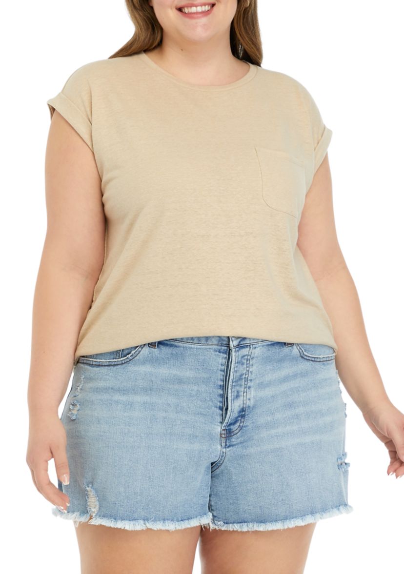 Plus Size Round Neck Short Sleeve Top with Left Chest Pocket