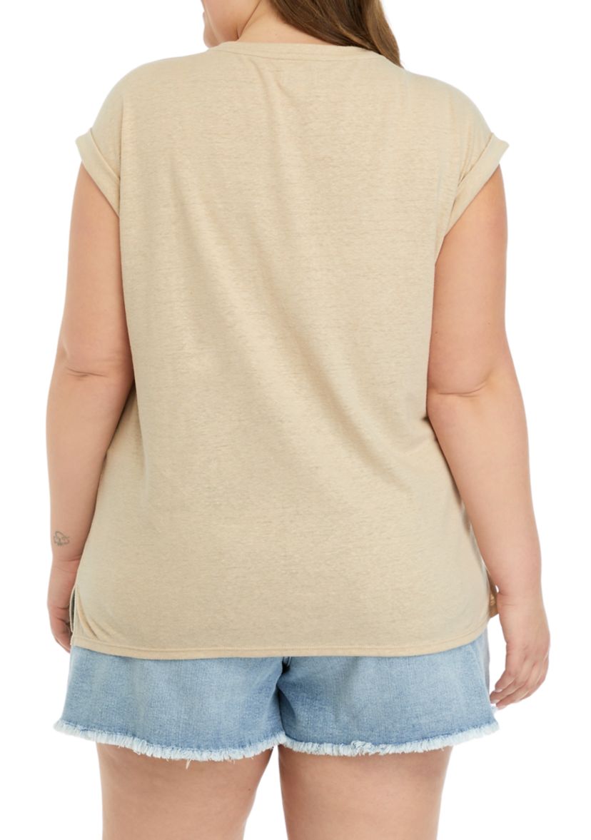 Plus Size Round Neck Short Sleeve Top with Left Chest Pocket