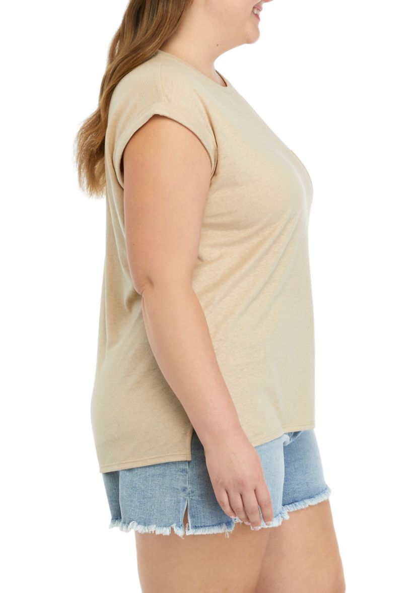 Plus Size Round Neck Short Sleeve Top with Left Chest Pocket
