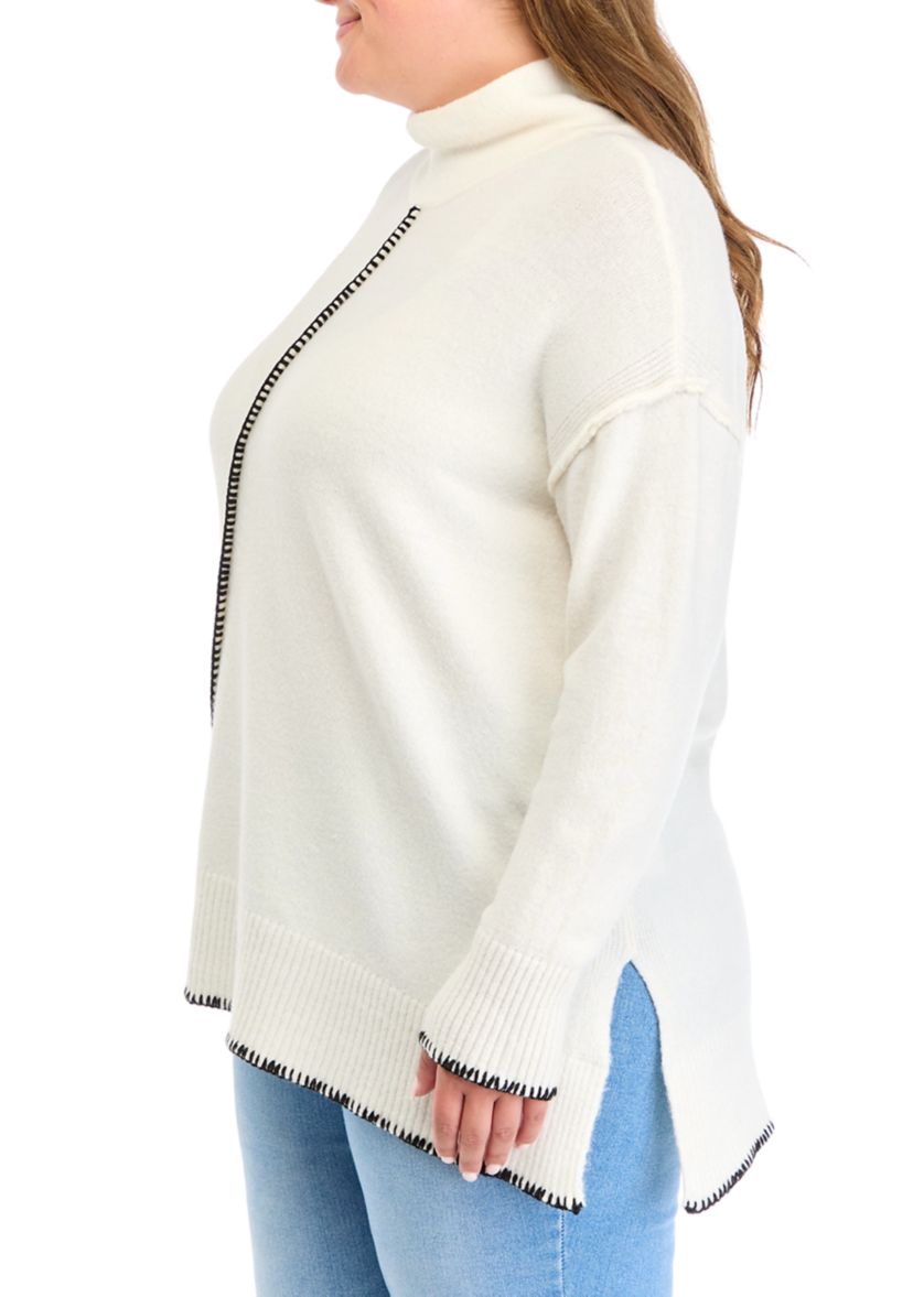 Plus Size Blanket Stitched Sweater