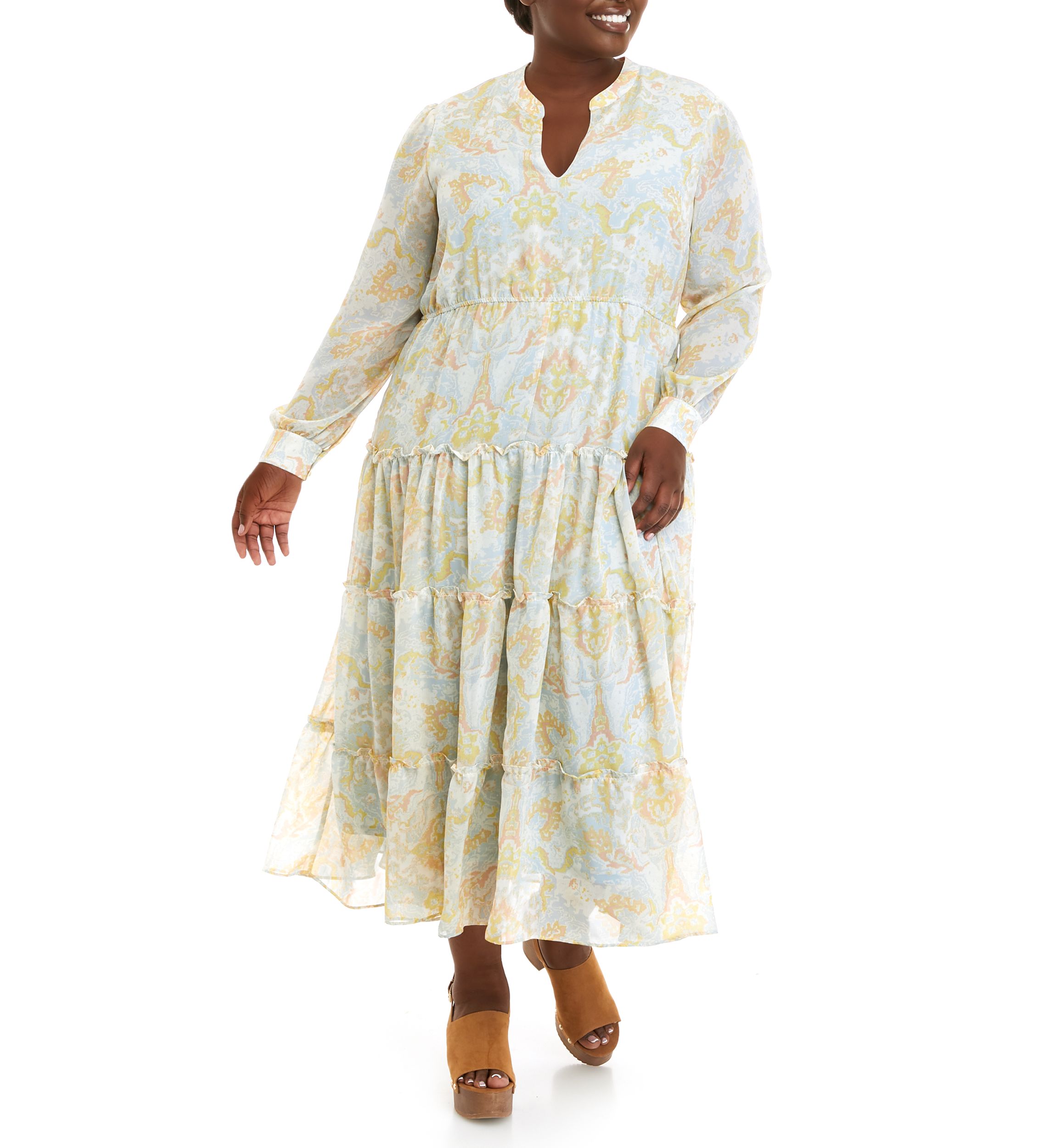 Plus Size Long Sleeve Printed Maxi Dress