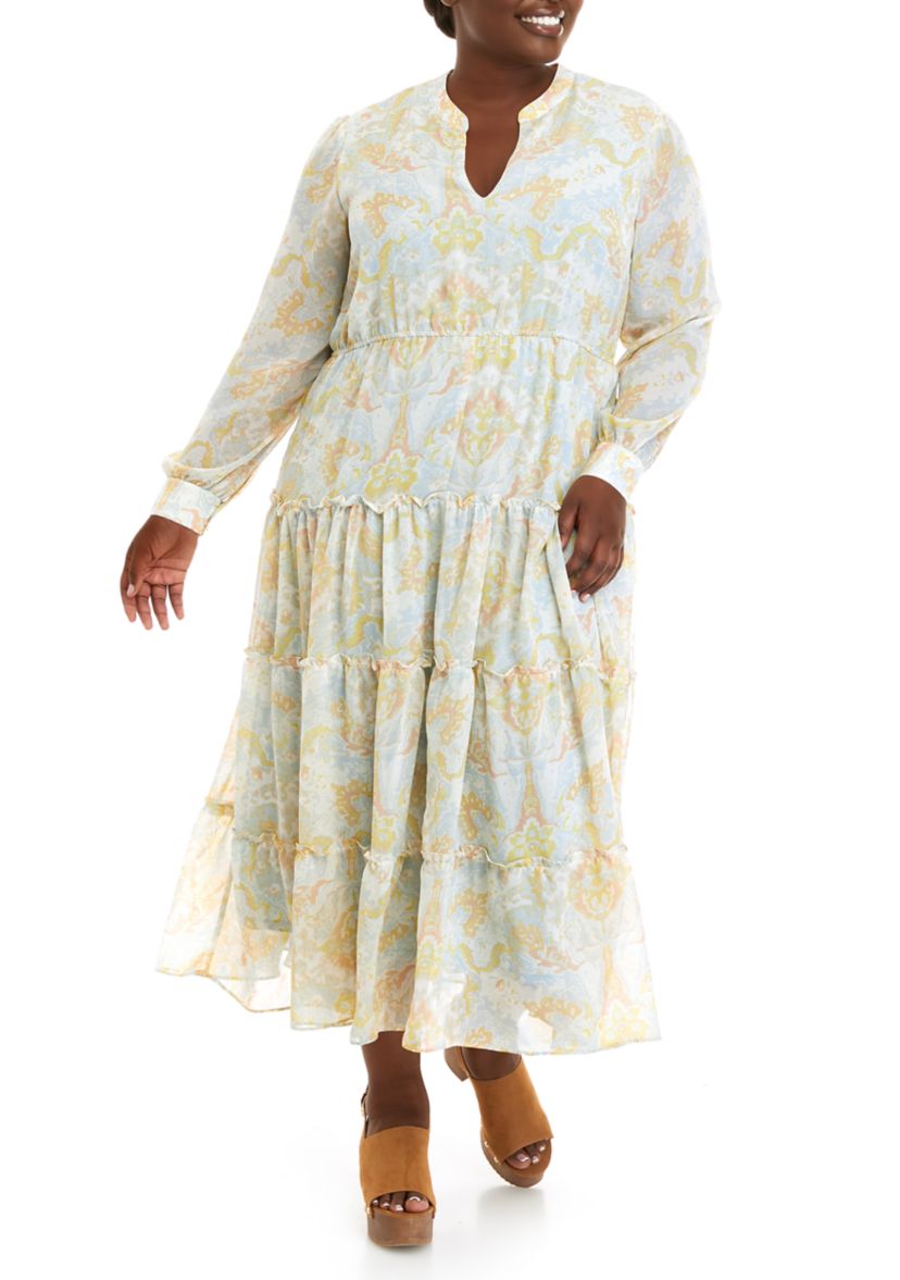 Plus Size Long Sleeve Printed Maxi Dress