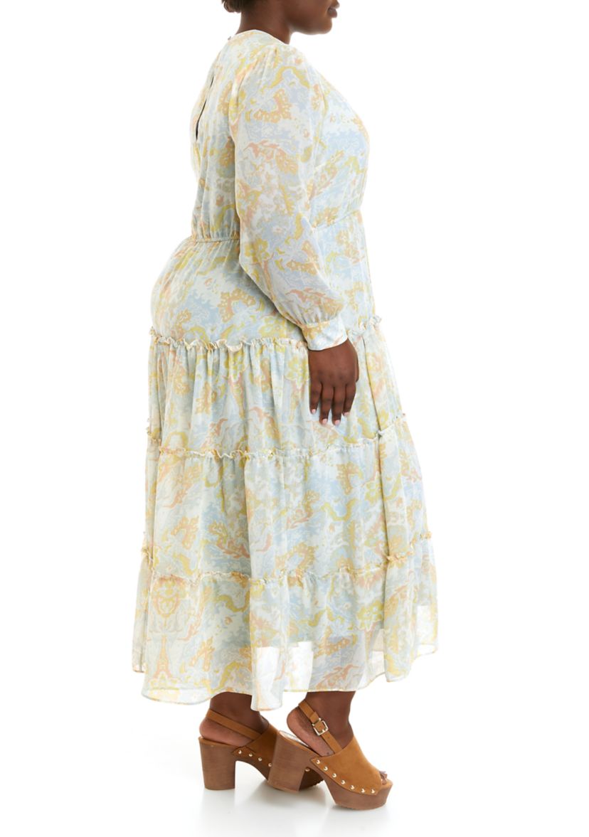 Plus Size Long Sleeve Printed Maxi Dress