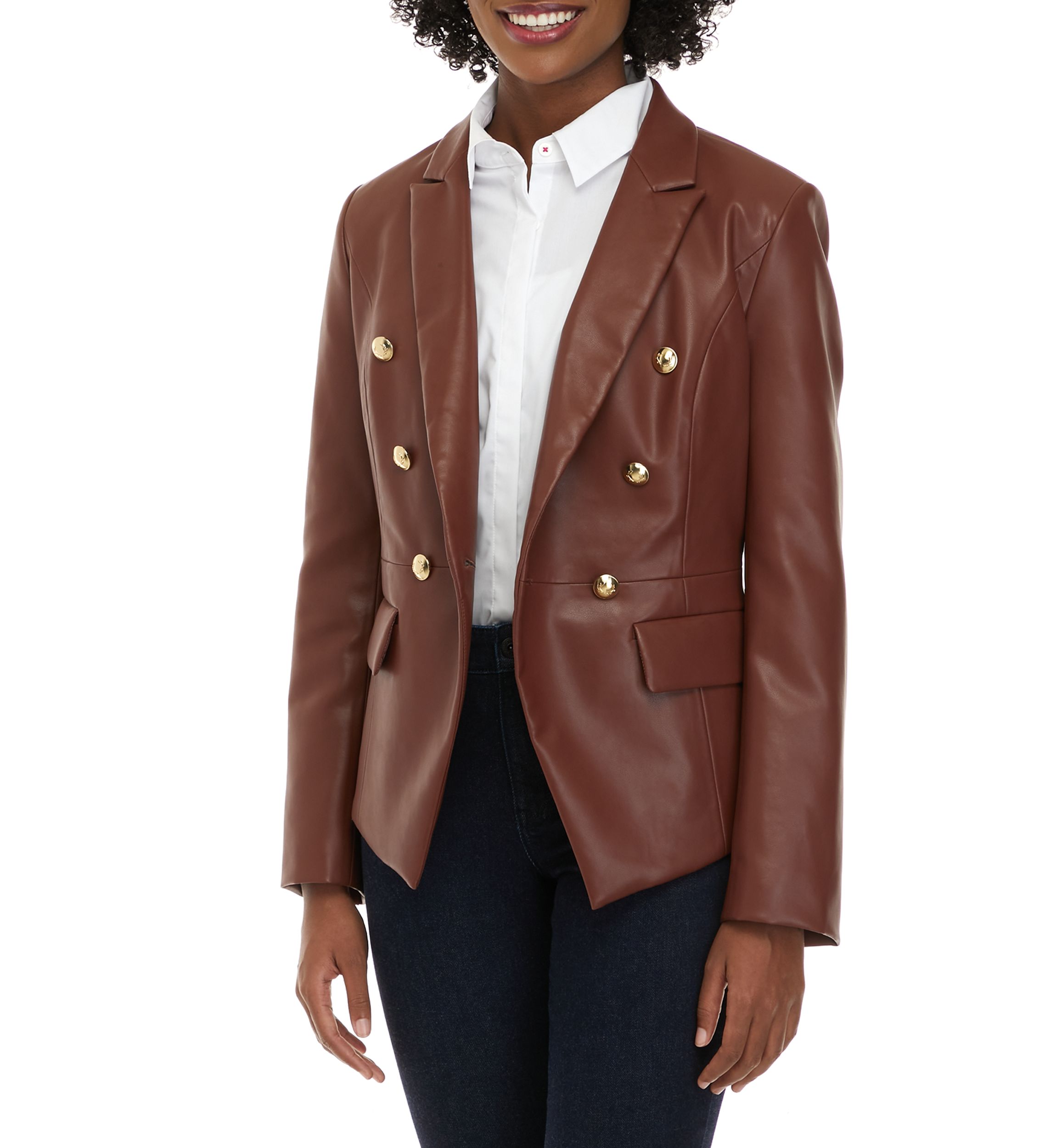 Womens Faux Leather Double Breasted Blazer