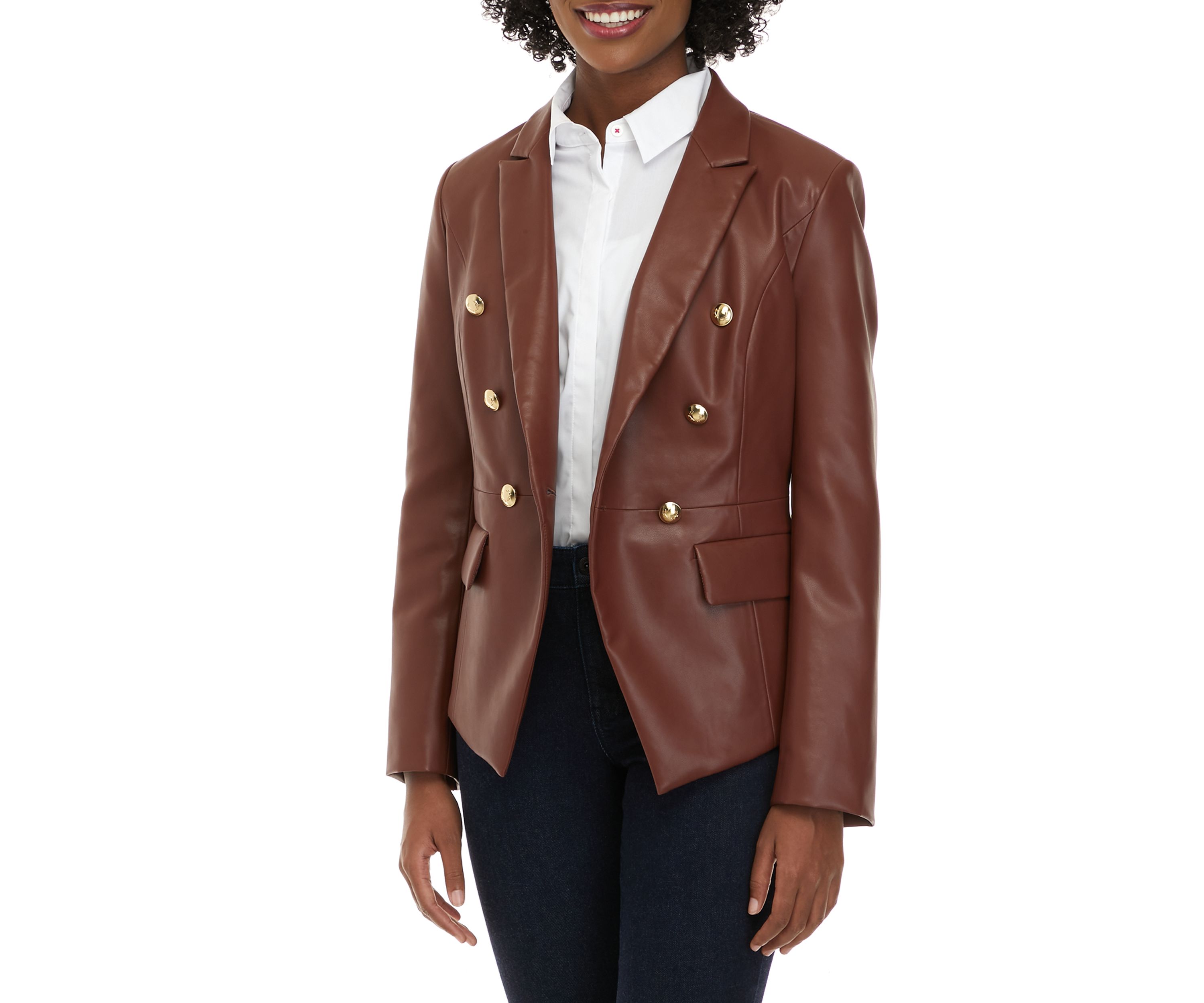 Womens Faux Leather Double Breasted Blazer