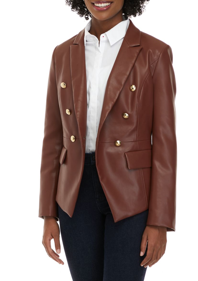 Womens Faux Leather Double Breasted Blazer