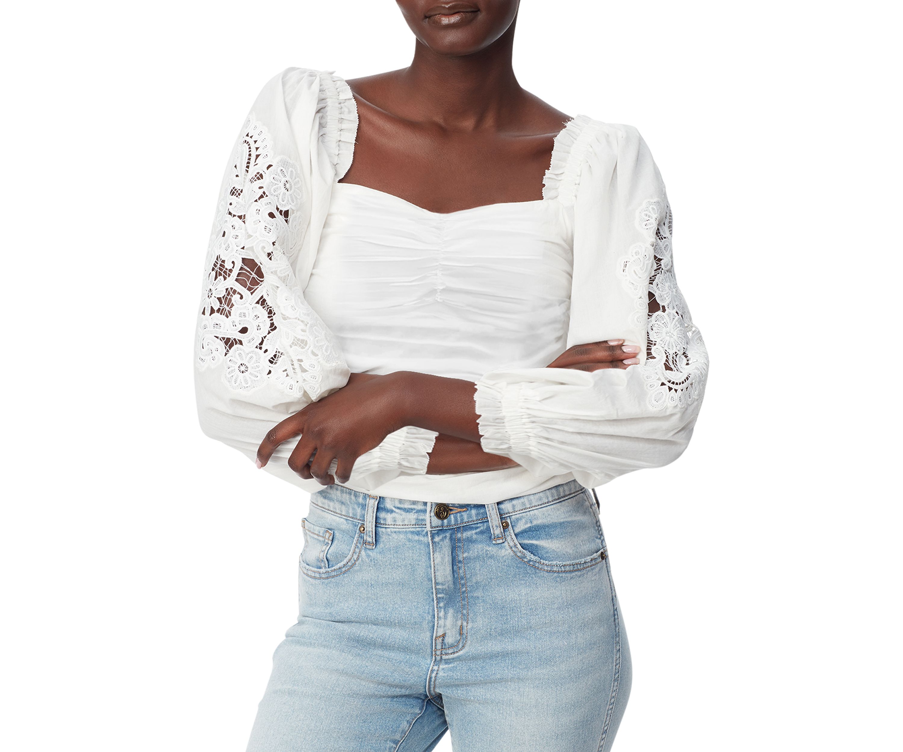 Womens Lace Puff Sleeve Square Neck Top