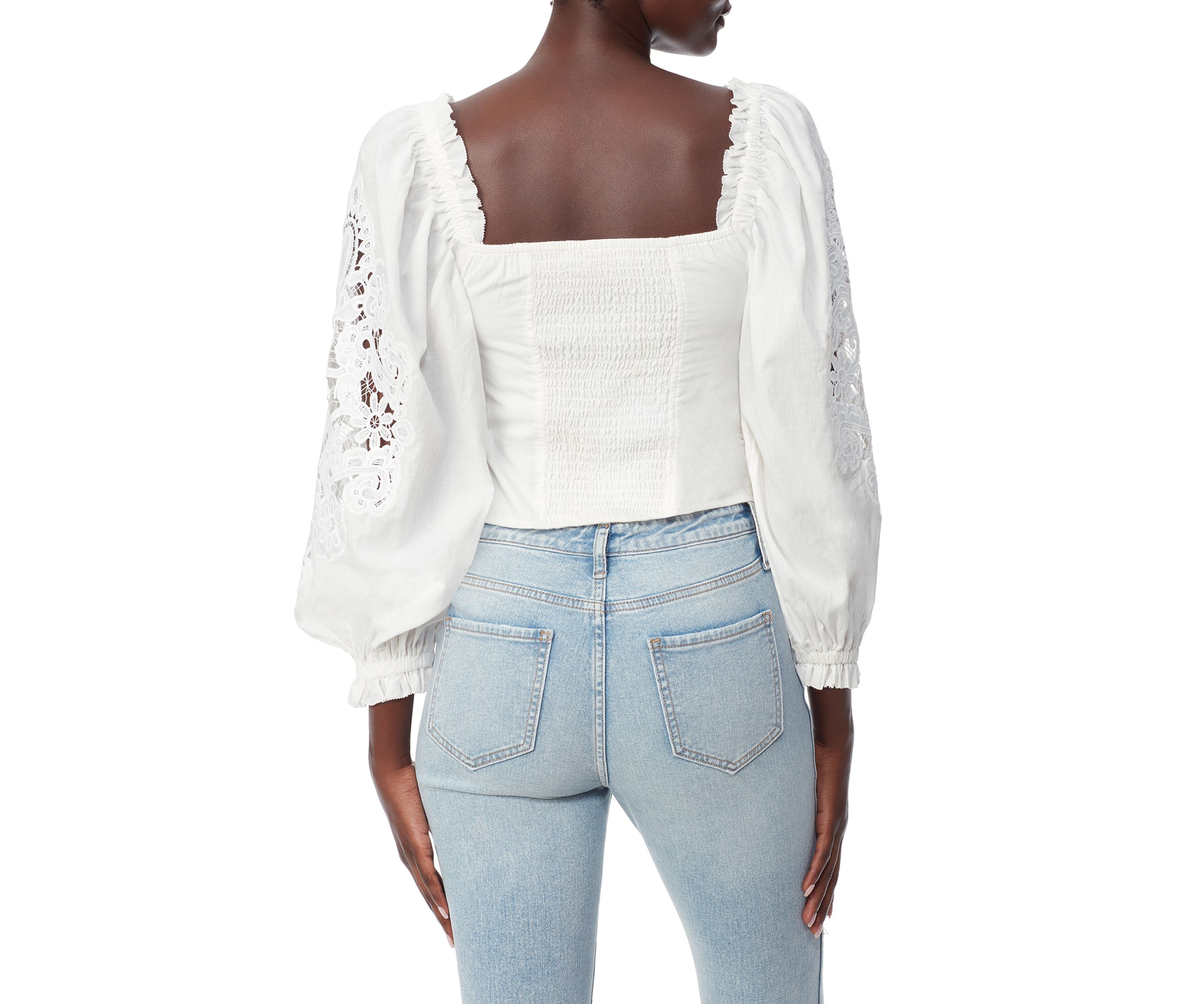Womens Lace Puff Sleeve Square Neck Top