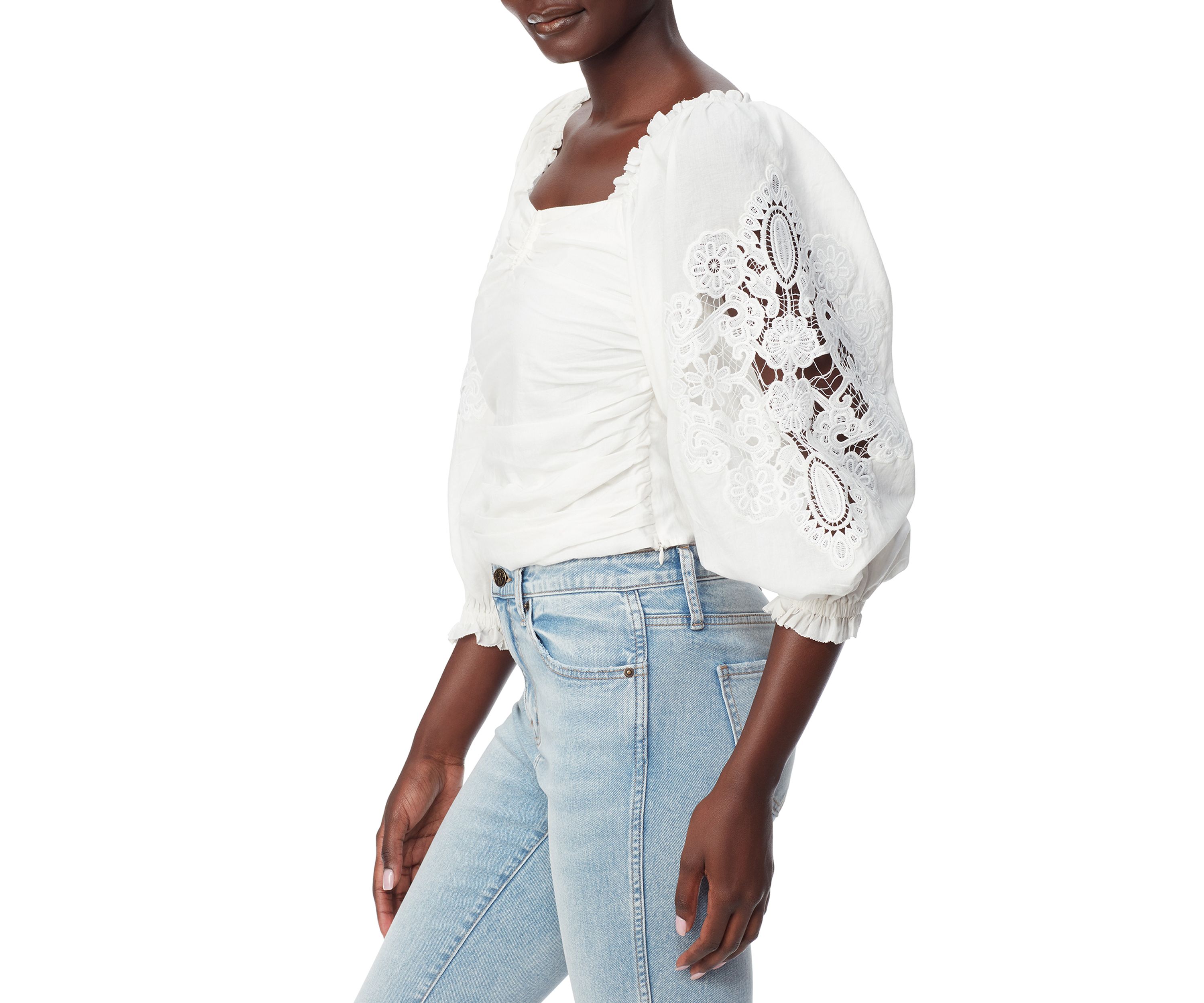 Womens Lace Puff Sleeve Square Neck Top