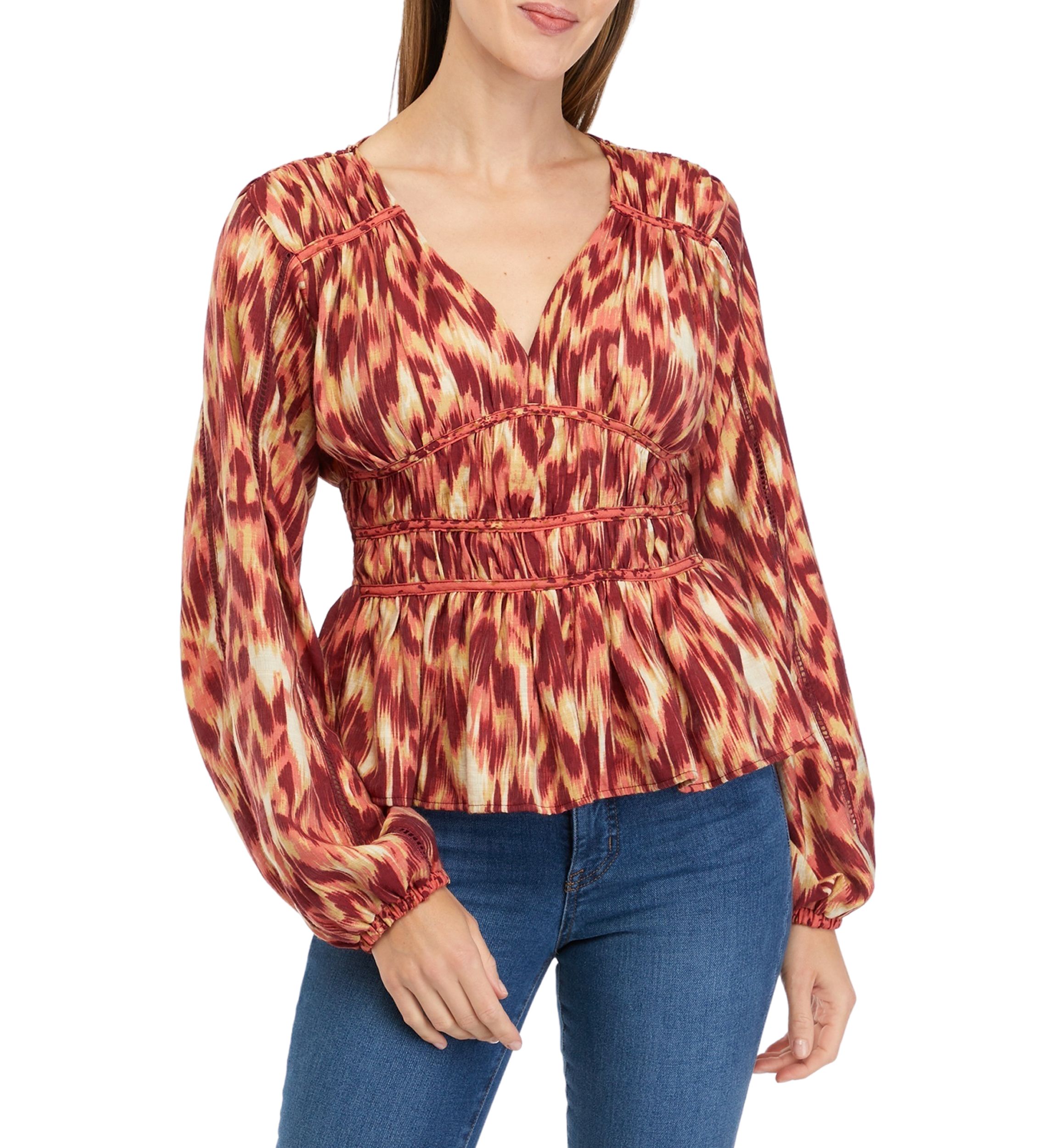 Womens Blouson Sleeve Textured Woven Top