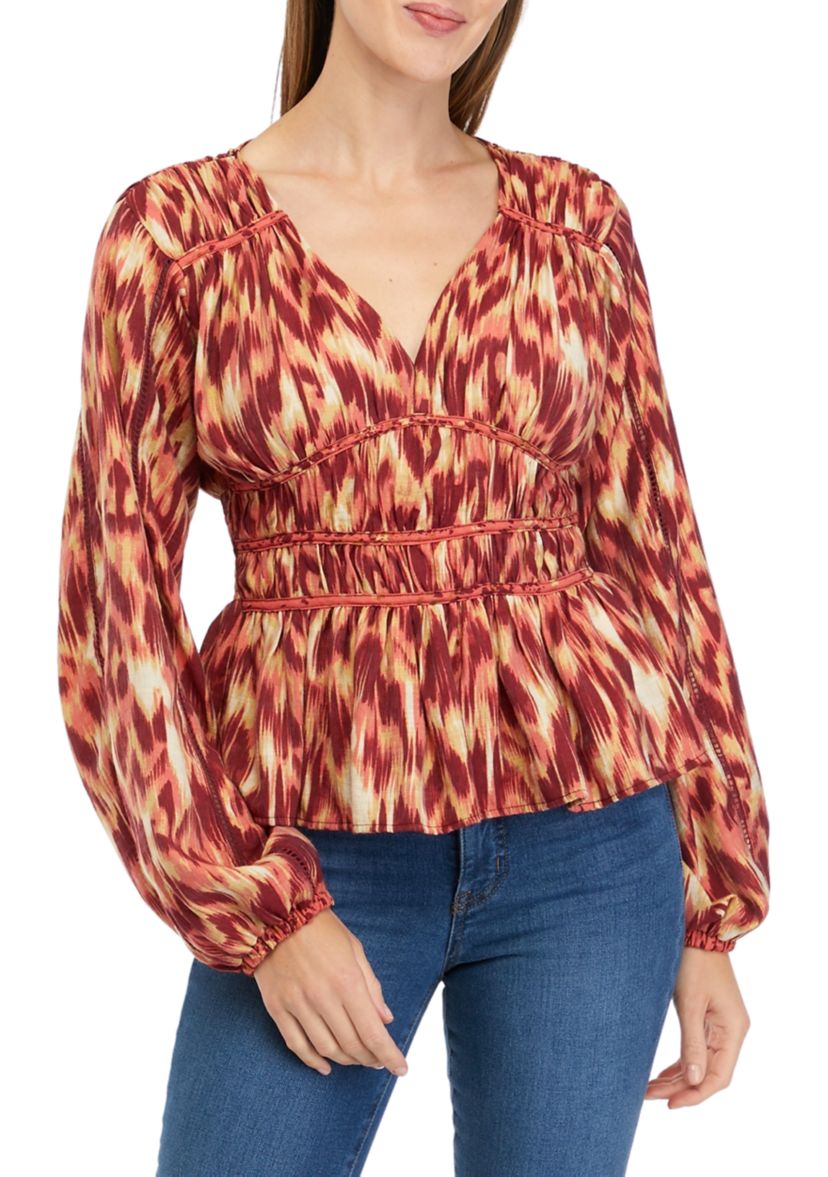 Womens Blouson Sleeve Textured Woven Top