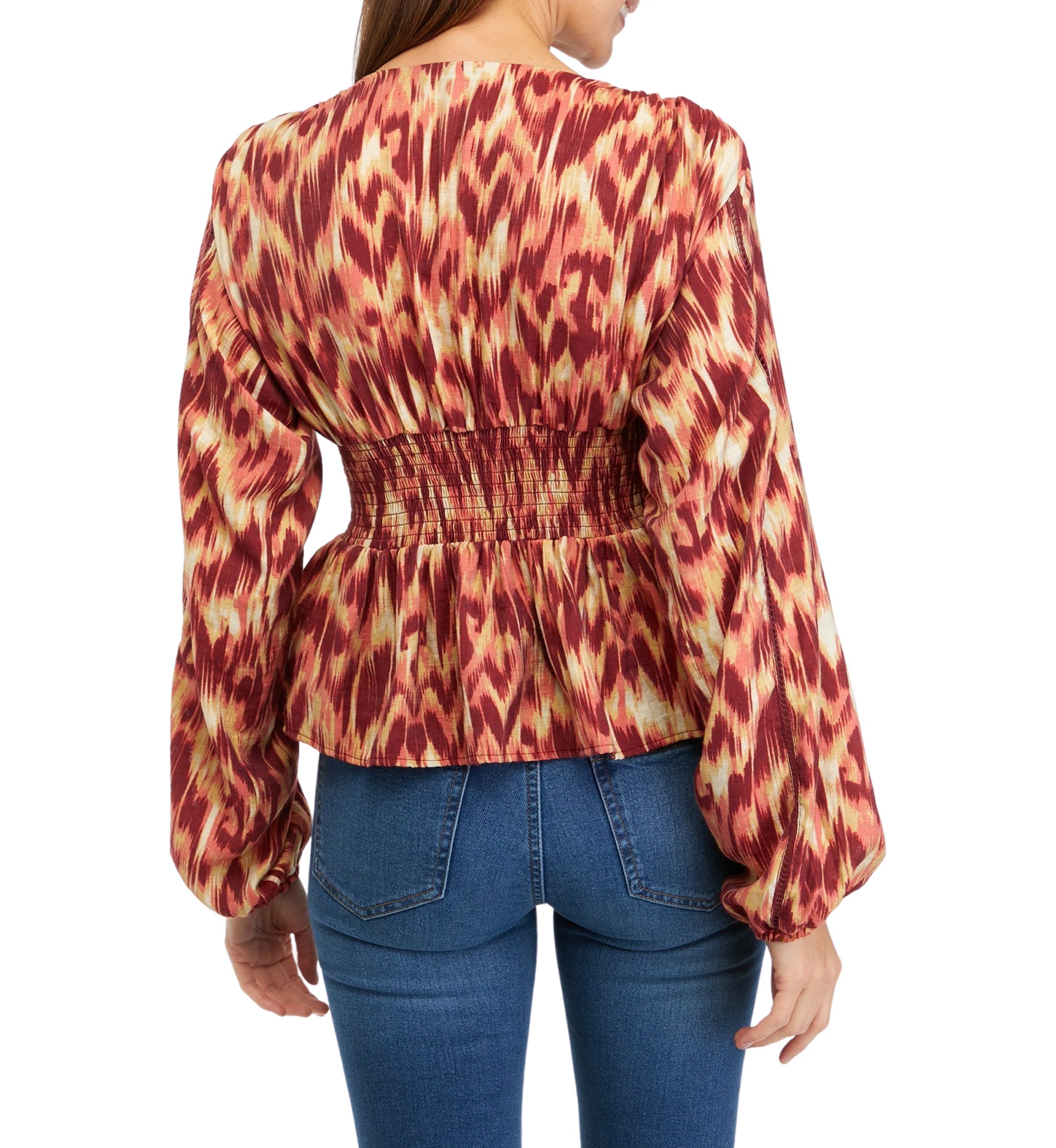 Womens Blouson Sleeve Textured Woven Top